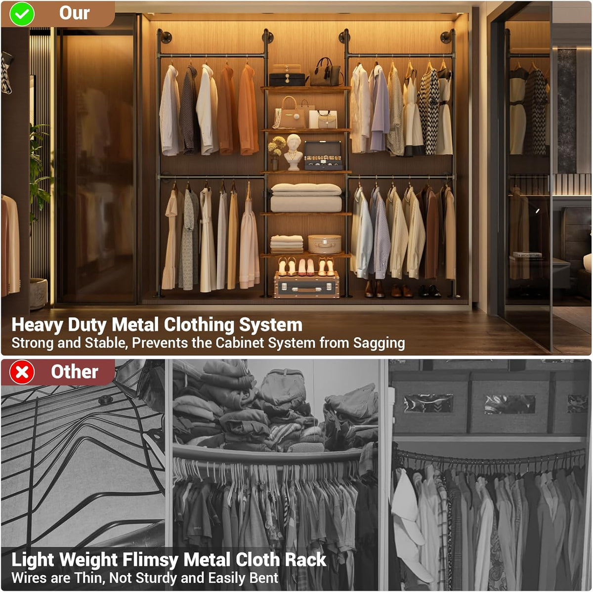 Aheaplus Industrial Pipe Clothing Rack, Reversible 6.42FT Clothes Rack for Hanging Clothes, Heavy