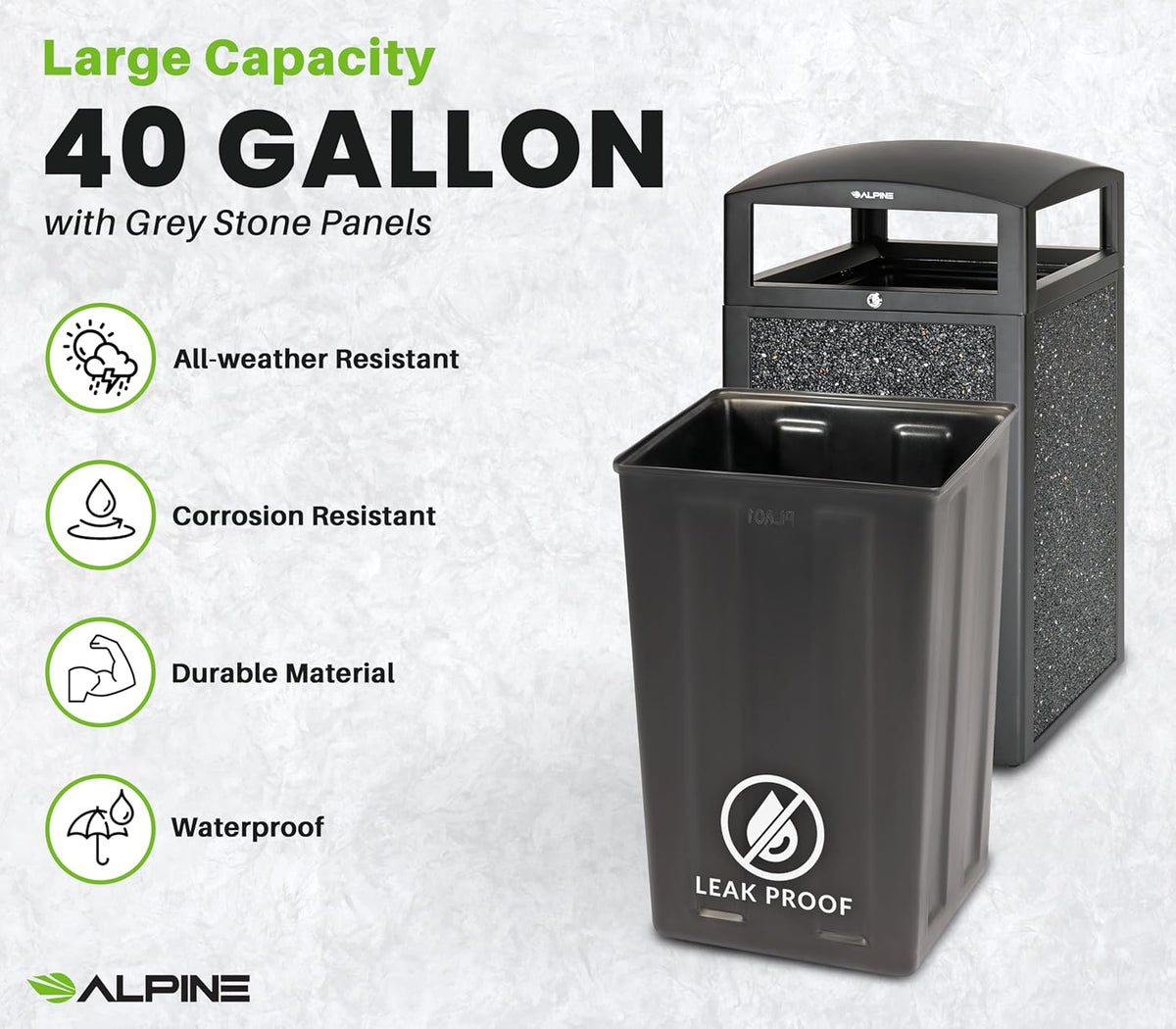 Alpine Outdoor Commercial Trash Can with Lid - 40 Gallon Heavy Duty Metal Garbage Can with