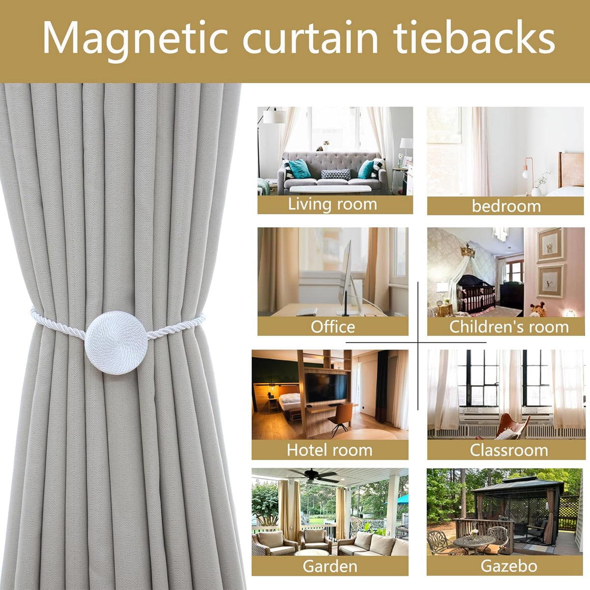 Magnetic Curtain Tiebacks - 12mm Magnetic Tie Backs for Curtains, Heavy Duty No Drill Curtain