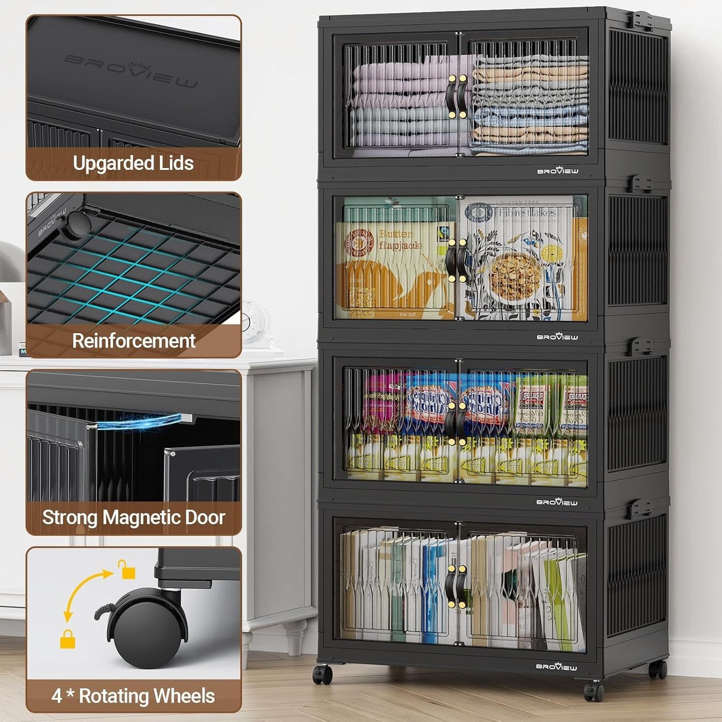 BROVIEW 360Qt Stackable Storage Bins with 3 Lids, Extra Large Closet Organizer Collapsible Drawer