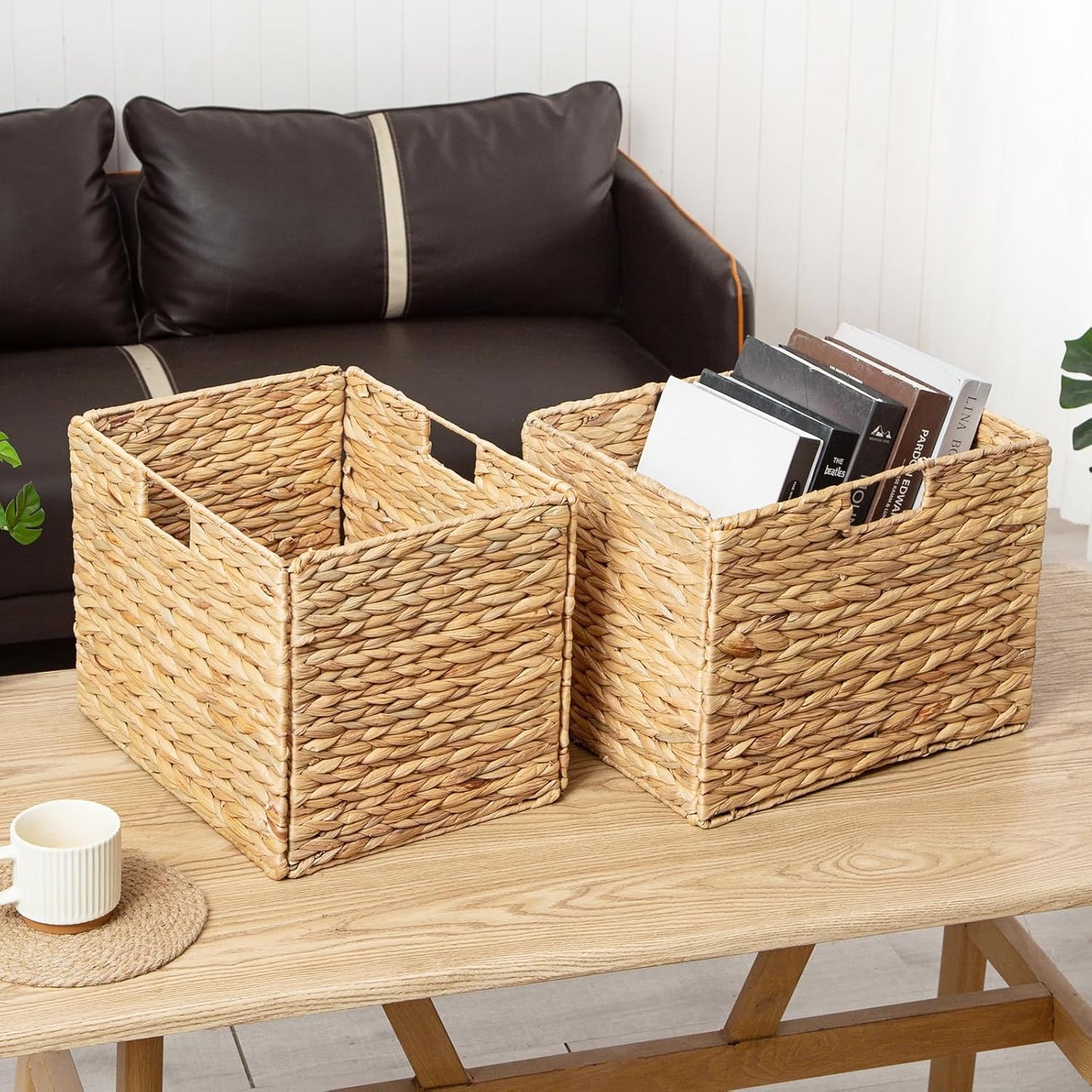 Storage Baskets,Wicker Baskets,Hyacinth Basket For Shelf,Folding 2 Packs Handmade Woven, Seagrass