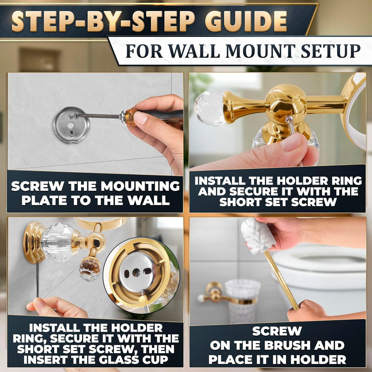 Gold Stainless Steel Toilet Brush with Crystal Toilet Brush Holder Set – Wall Mounted Holder