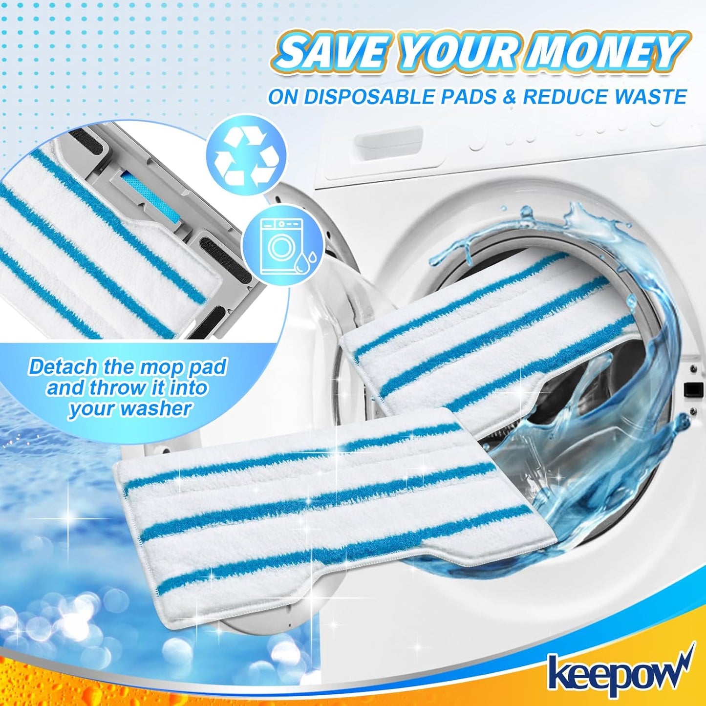 KEEPOW Reusable Mop Replacement Pads, Mop Pads Refills Compatible with Shark Vac Mop VM252 VM200
