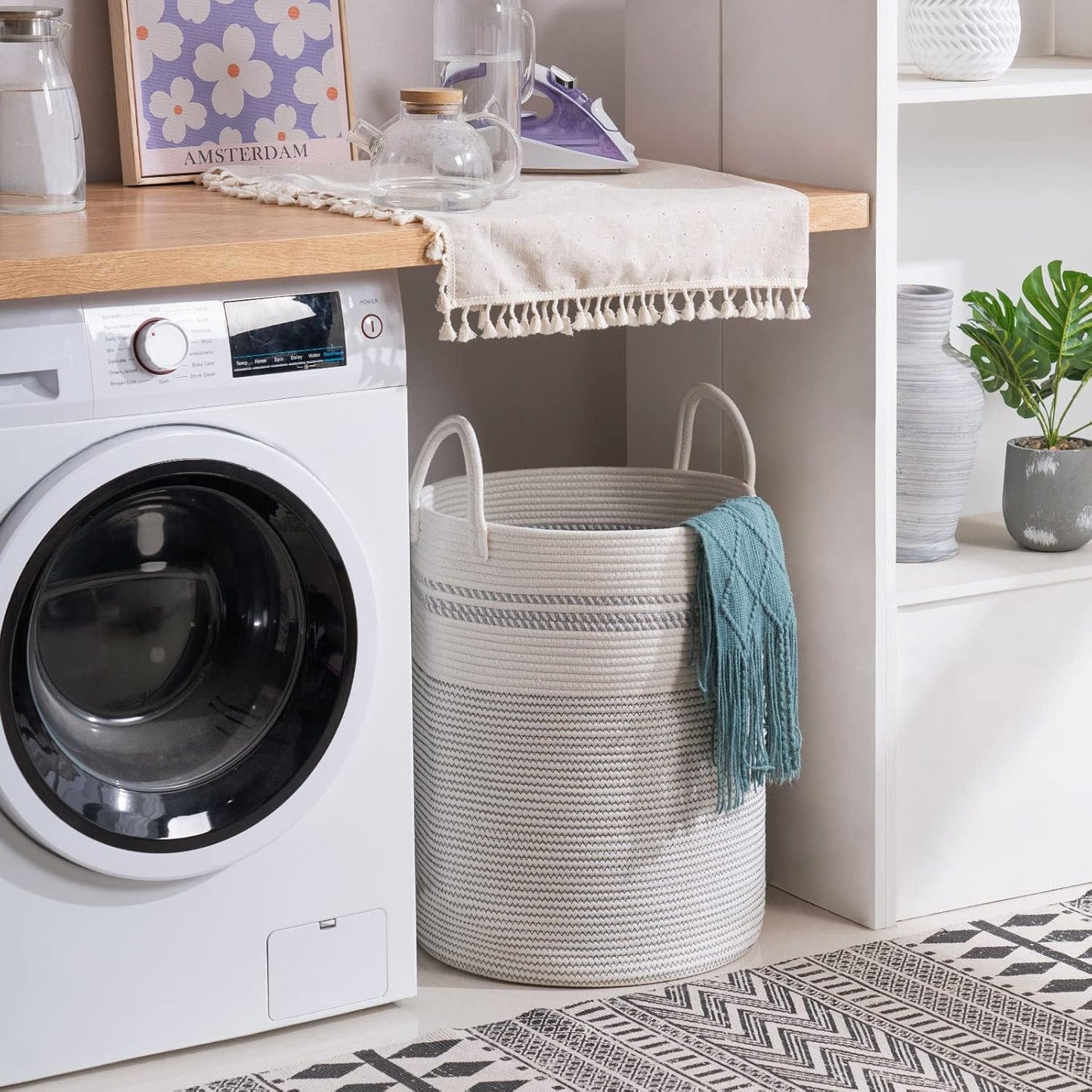 YOUDENOVA Woven Rope Laundry Hamper Basket, 58L Tall Luandry Basket, Baby Nursery Hamper for