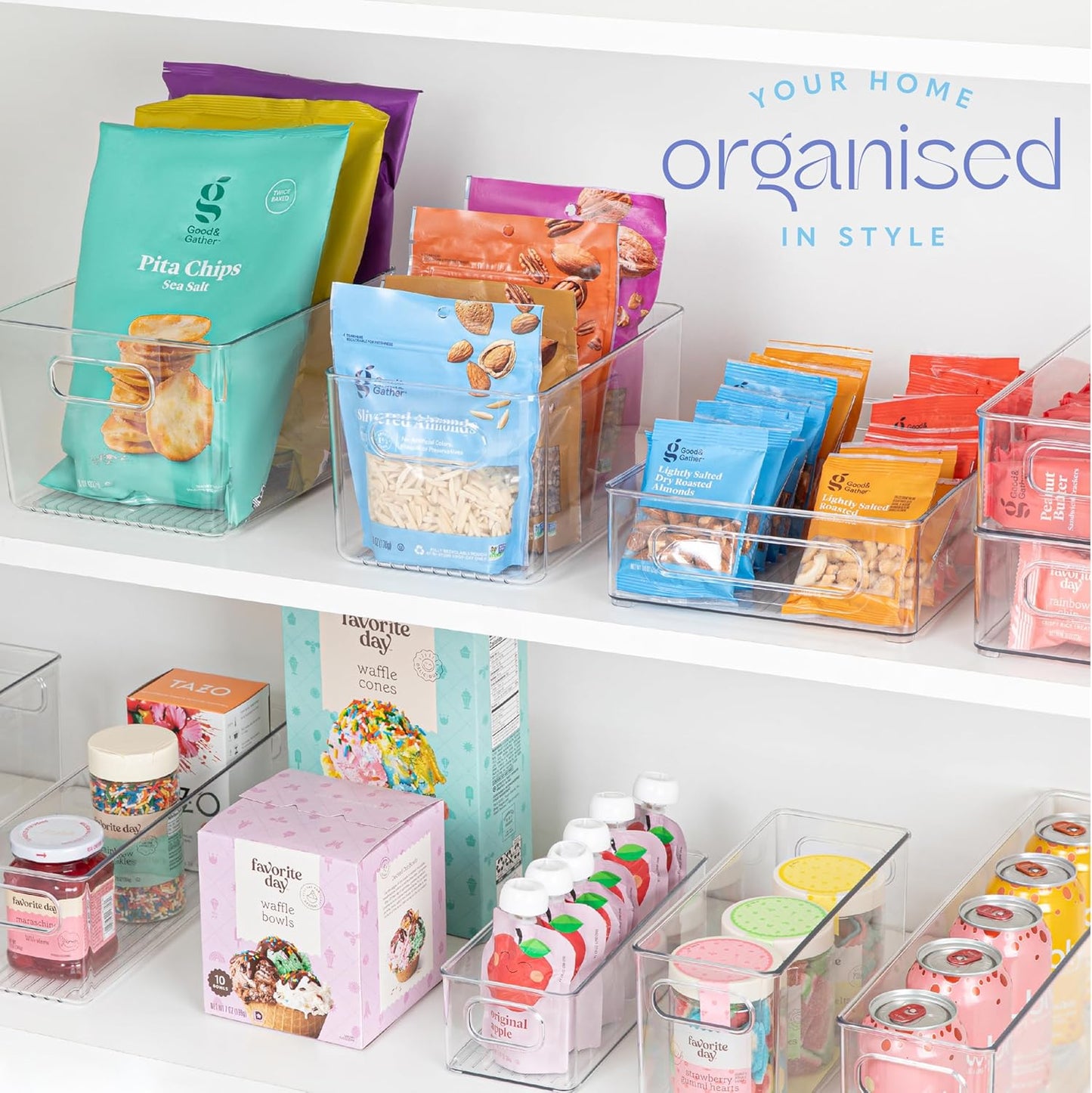 Plastic Food Storage 4 Pack Clear Container Bin with Handles for Organizing Kitchen, Pantry