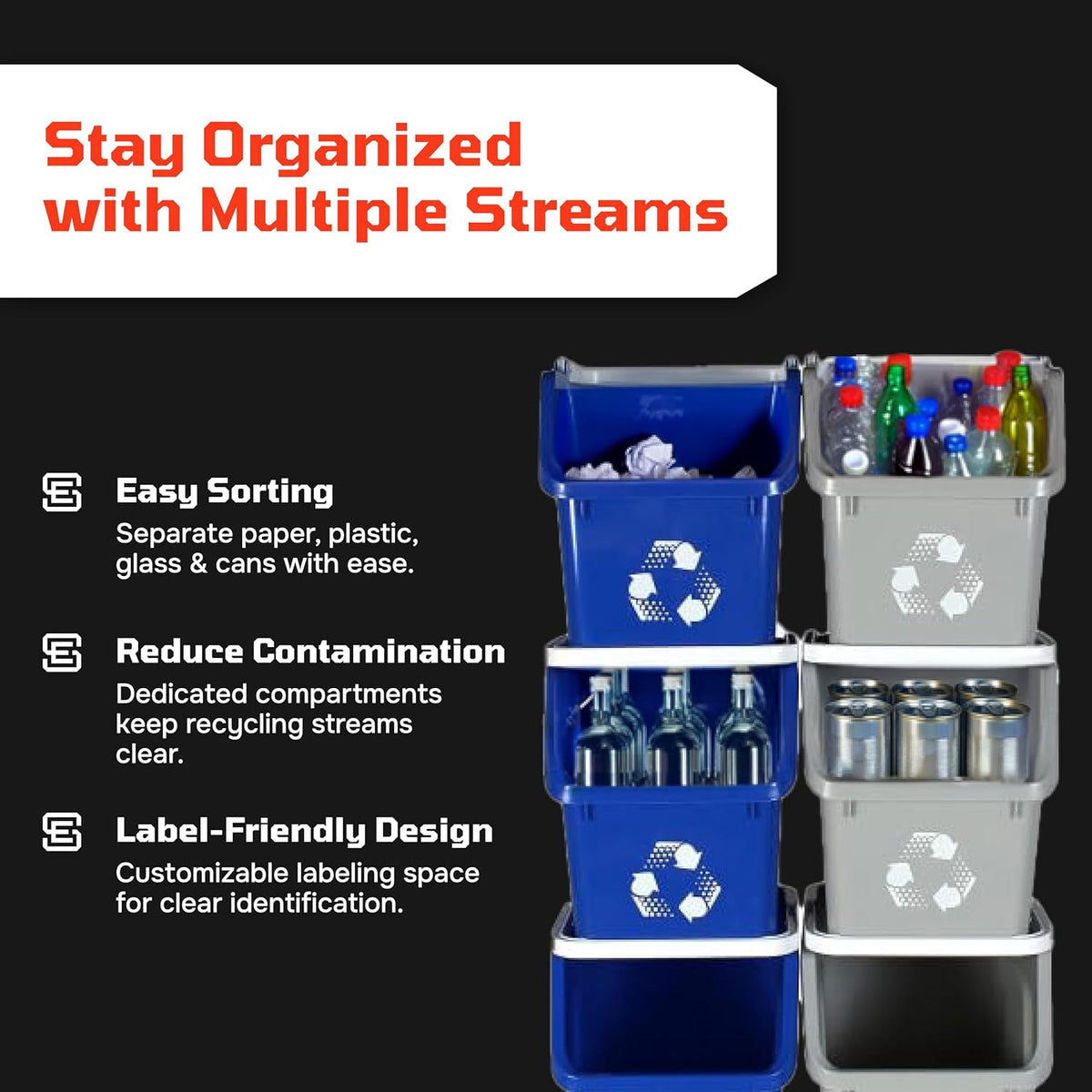 6 Gallon Stackable Recycling Bins for Homes, Garages, Offices Made of 100% Recycled Plastic