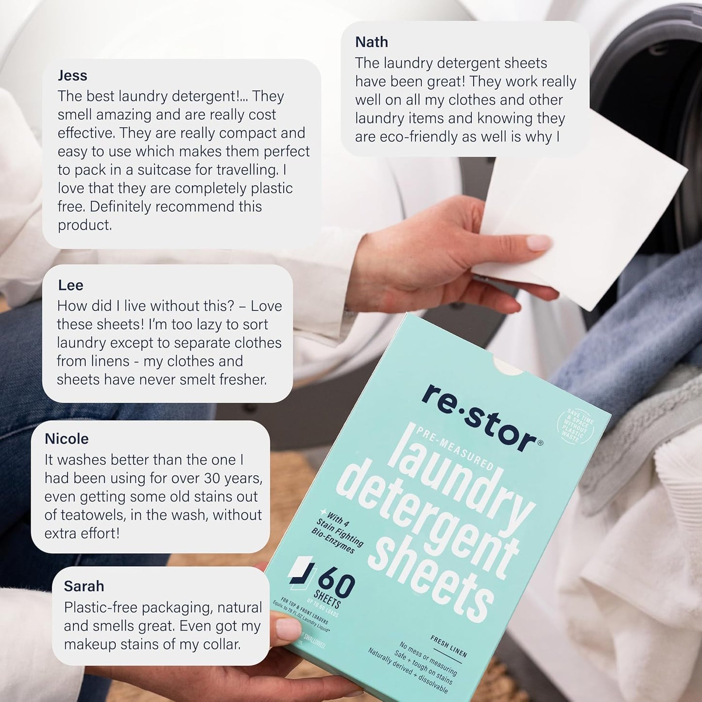 restor Laundry Detergent Sheets Fresh Linen 60 Loads | Eco Friendly Plastic Free Travel Laundry