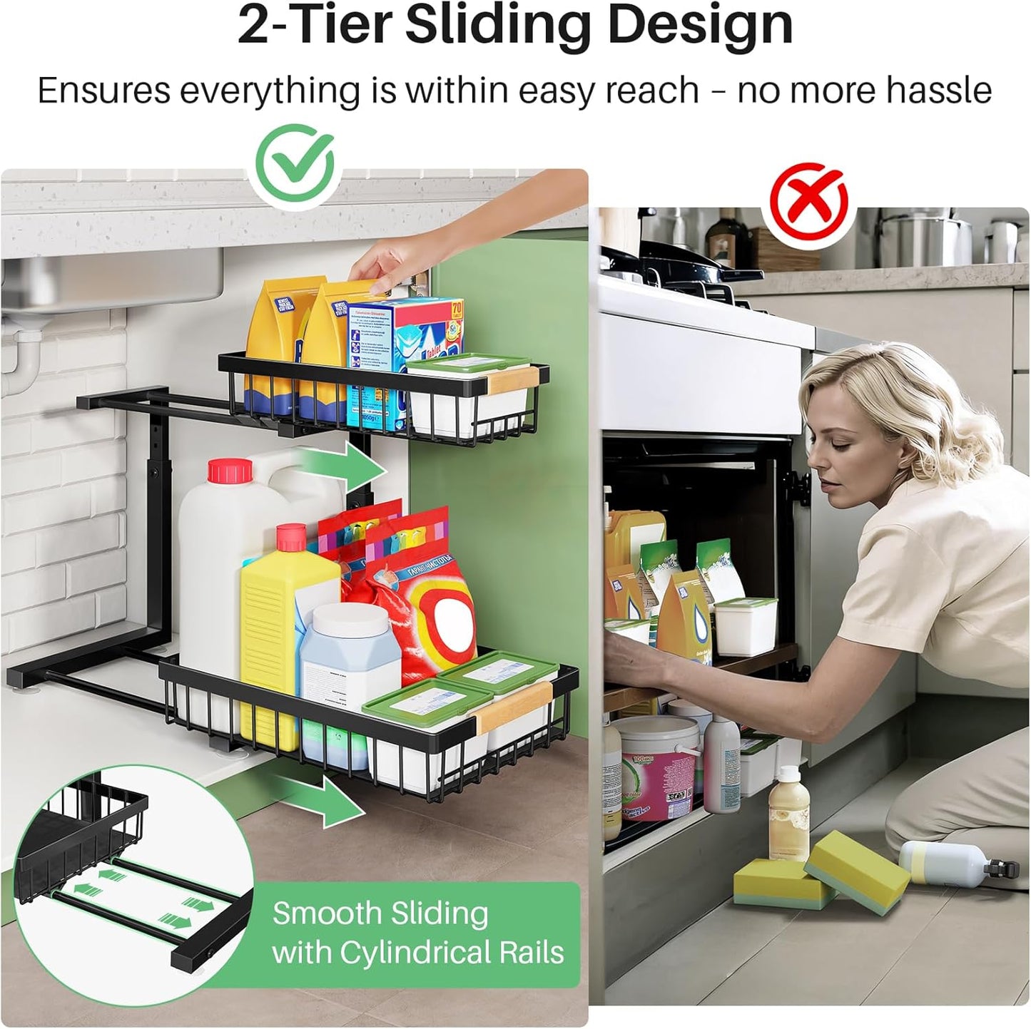 Pull out Cabinet Organizer, 2 Tier Under Sink Organizer, Slide out Metal Kitchen Cabinet Organizers