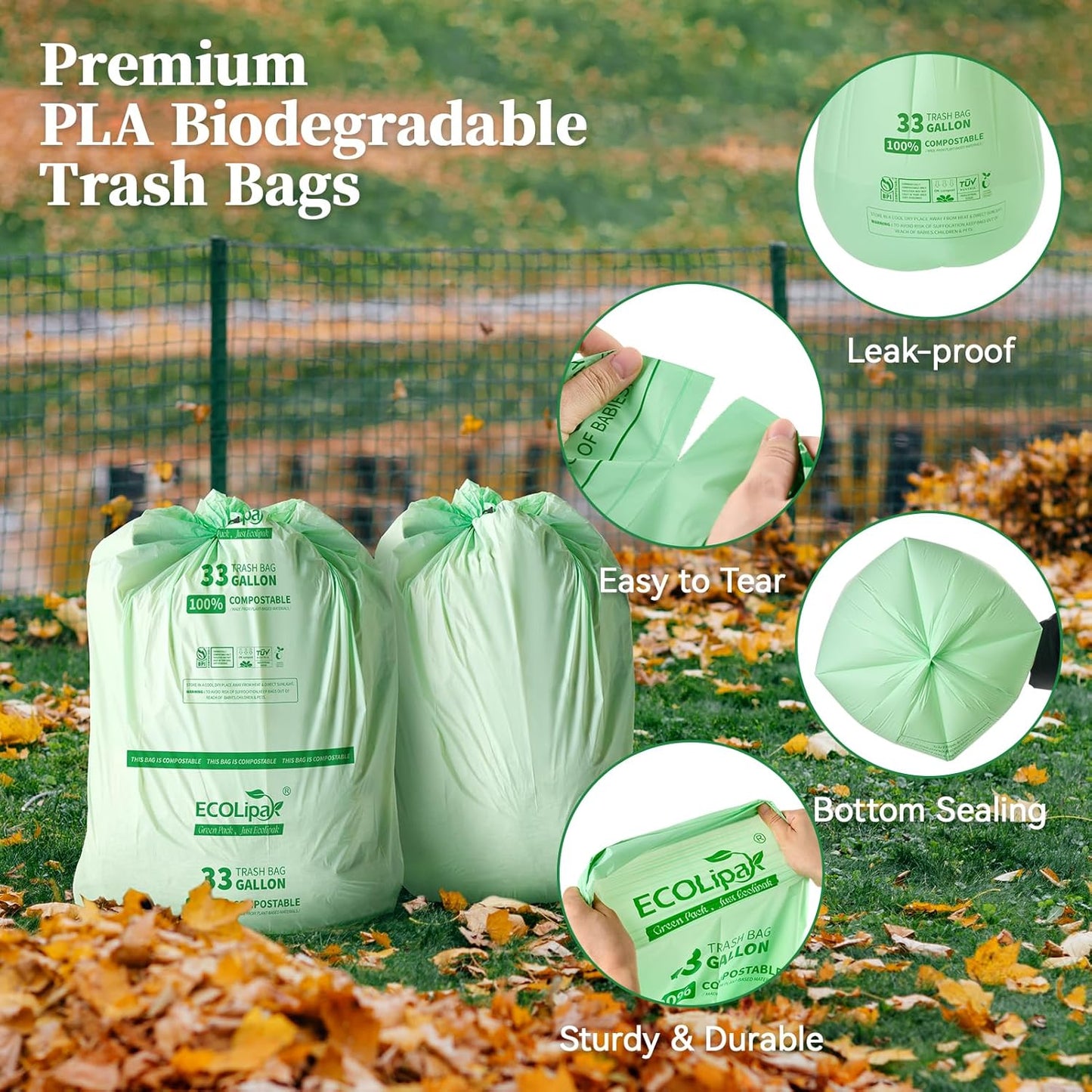 ECOLipak 33 Gallon Compostable Trash Garbage Bags, 50 Count (2 Rolls) Biodegradable Heavy Duty