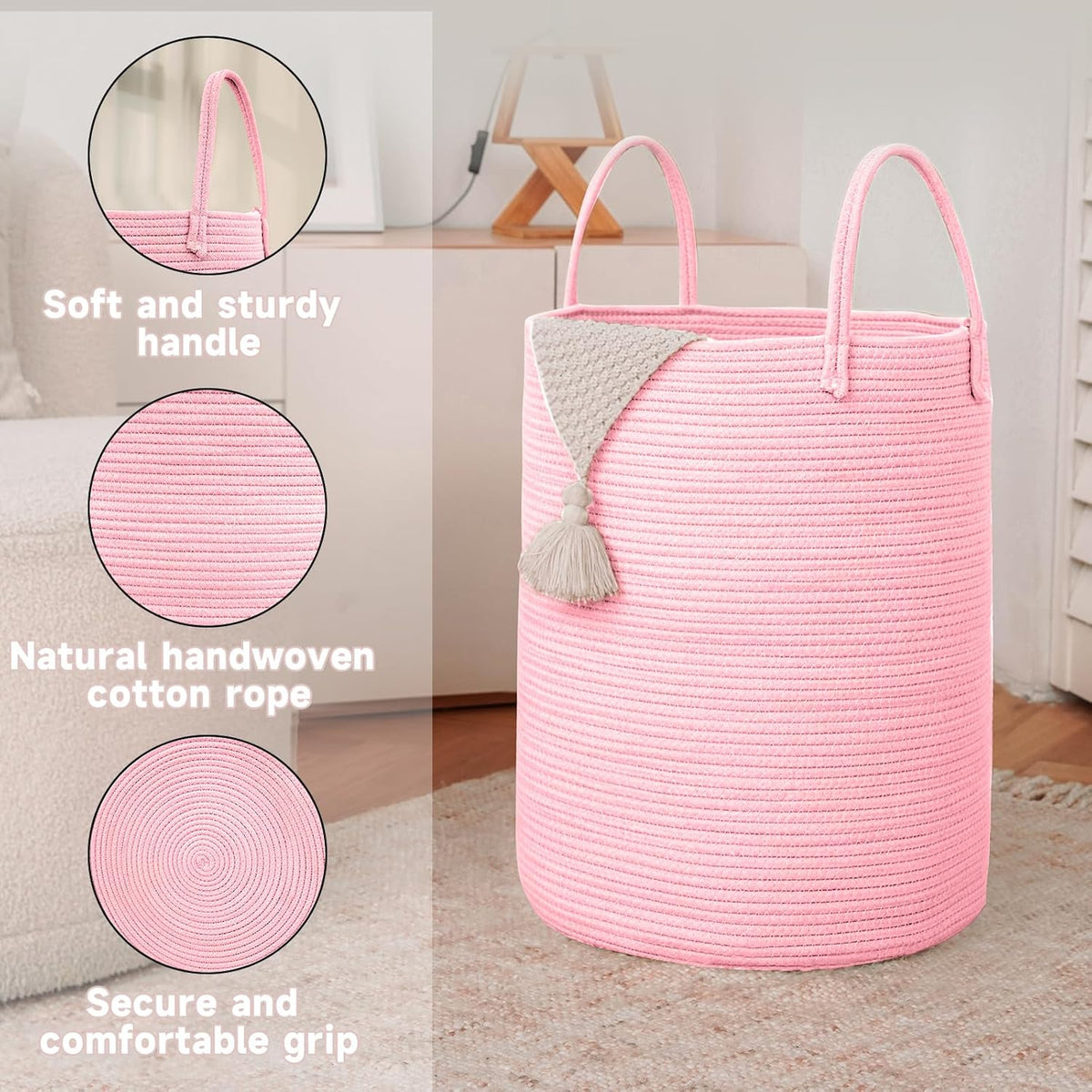 Large Woven Laundry Basket Hamper,60L Cotton Rope Storage Bin for Blankets,Toys and