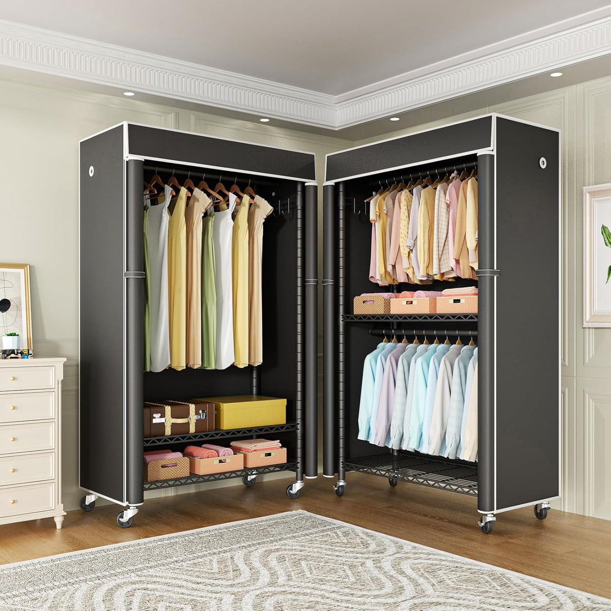 FUTASSI Clothing Rack with Cover, P1C Rolling Closets with Wheels, Metal Garment Rack for Hanging