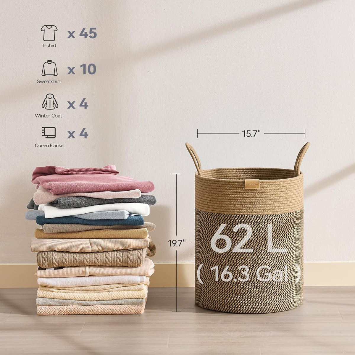 Laundry Hamper 62L,Large Laundry Basket for Clothes,Decorative Storage Basket for Blankets,Cotton