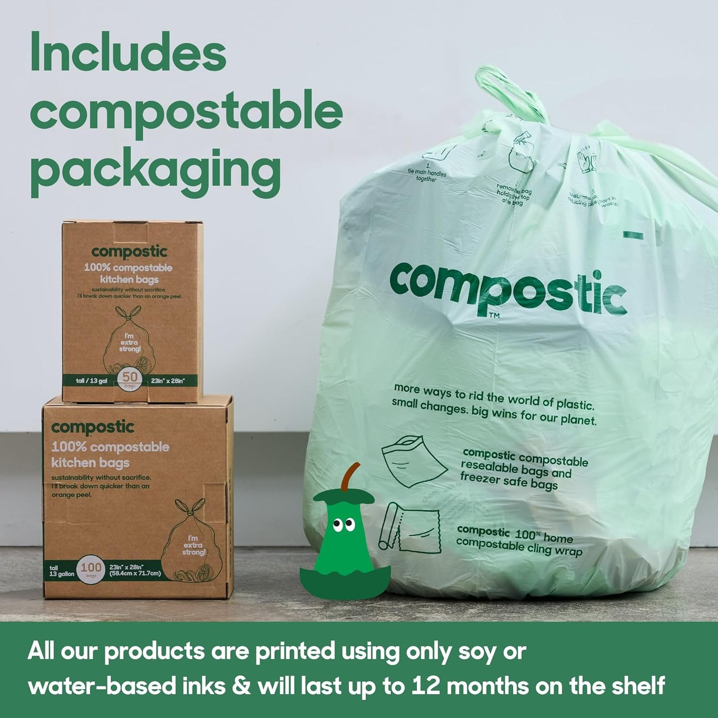 Compostic Home Compostable Trash Bags, 13 Gallon Tall Kitchen Rubbish Bags (23” x 29”), Extra