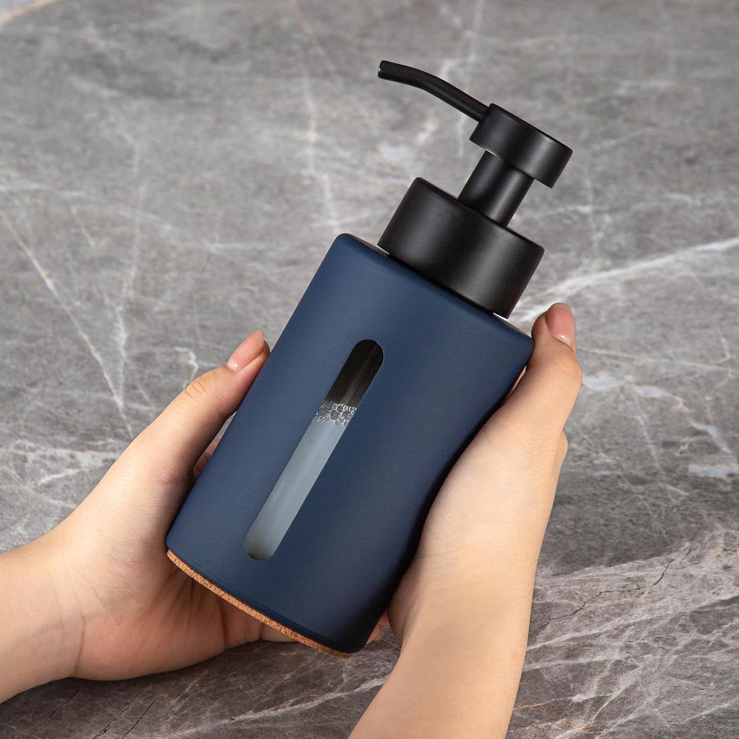 Enra Glass Hand Soap Dispenser,12oz Navy Blue Liquid Bathroom Soap Dispenser with Stainless Steel