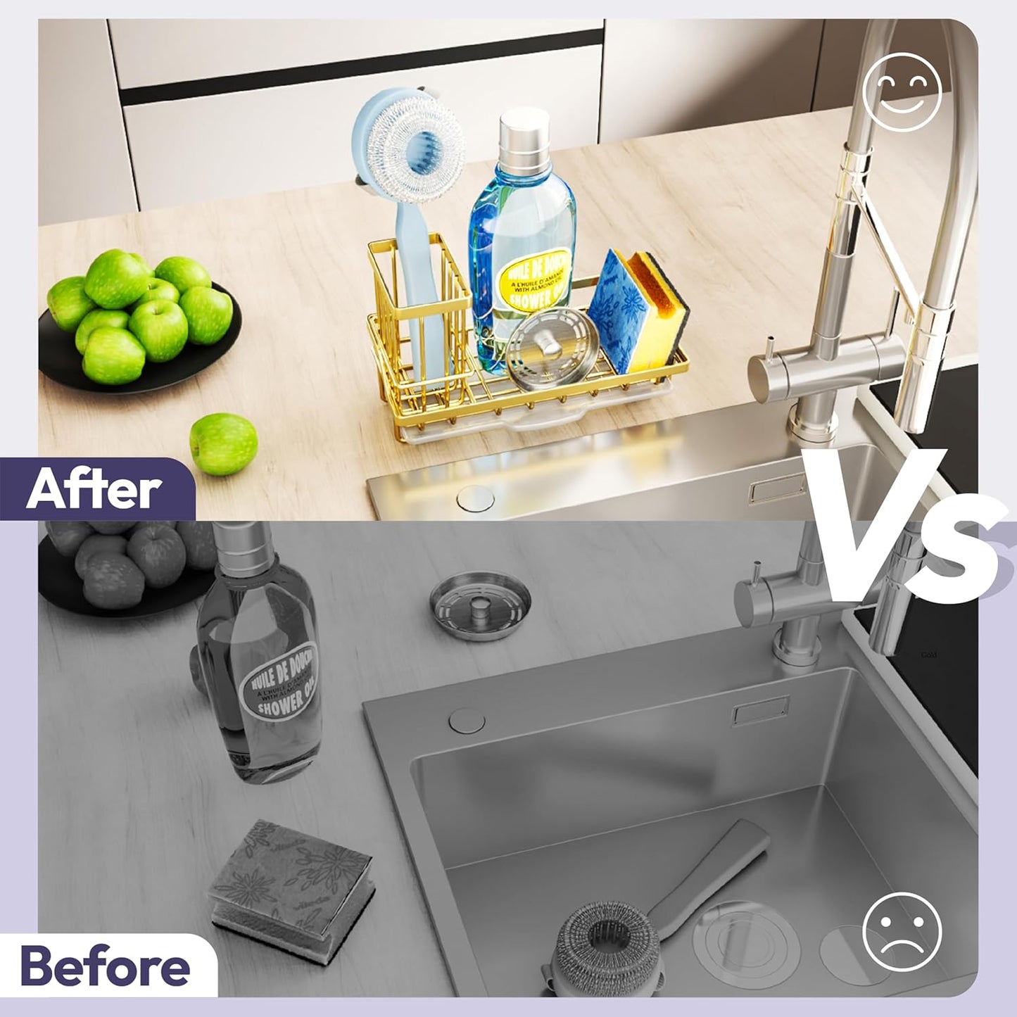 SWTYMIKI Sink Caddy Kitchen Sink Organizer with Detachable Brush Holder, Stainless Steel Sponge