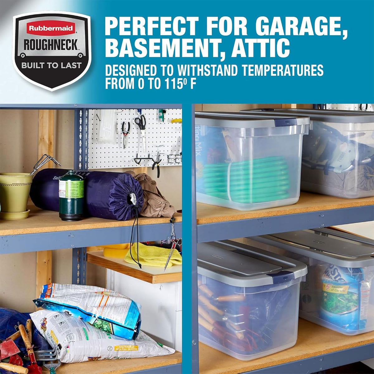 Rubbermaid Roughneck Clear 95 Qt/23.75 Gal Storage Containers, Pack of 4 with Latching Grey Lids