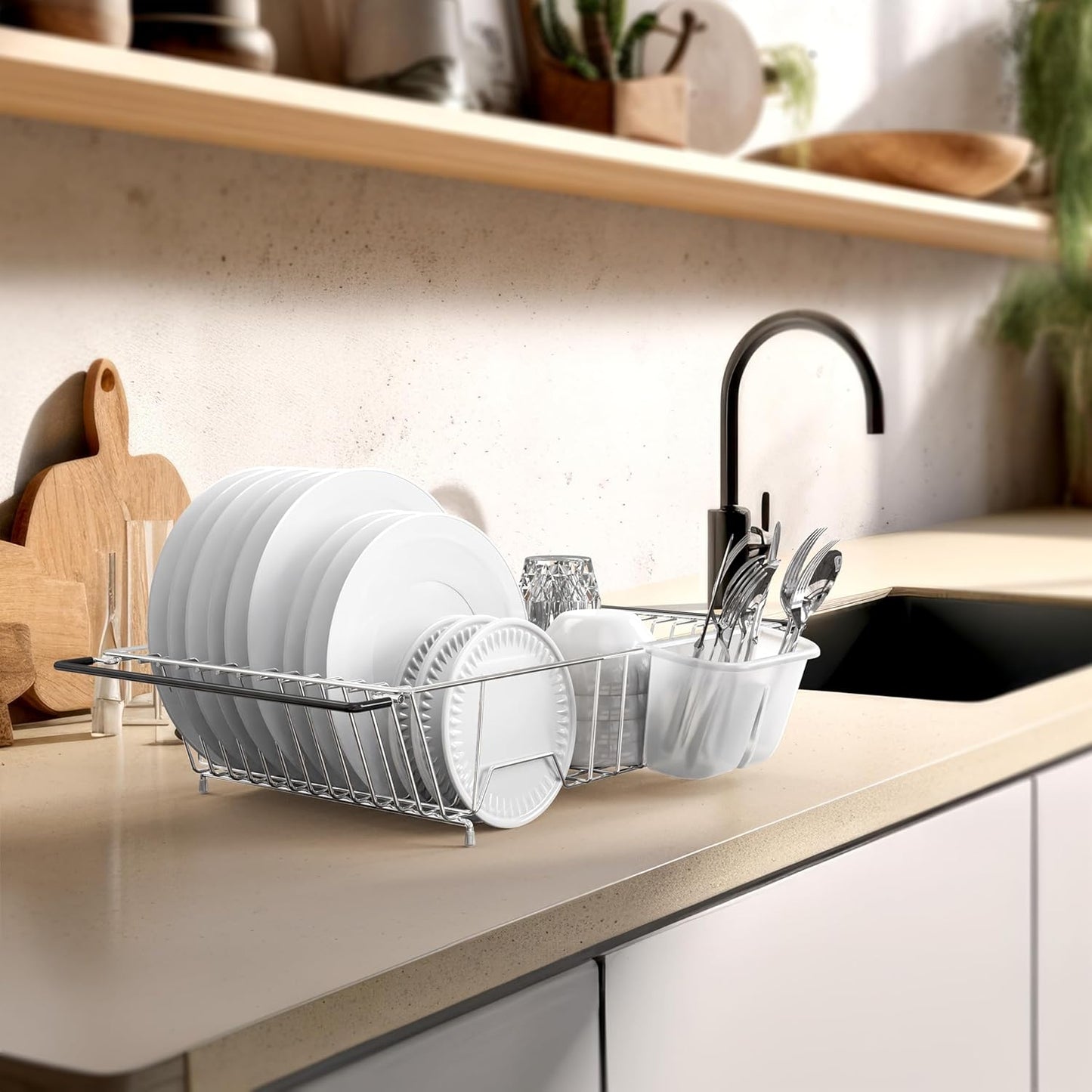 SIMPLE HOUSEWARE Large Over Sink Counter Top Stainless Steel Dish Drainer Drying Rack with Utensil