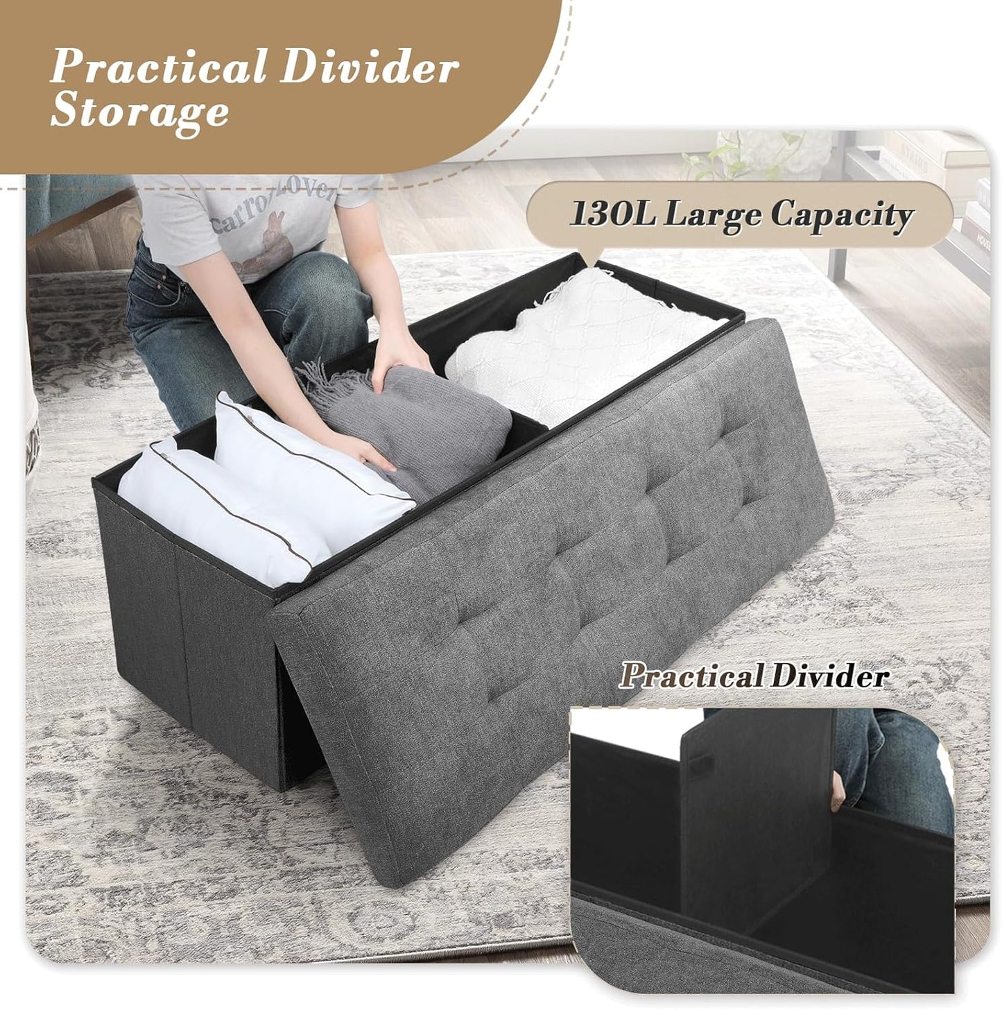 Athena Collection 43" Storage Ottoman Bench Folding Bench with 130L Hidden Storage, Large End of