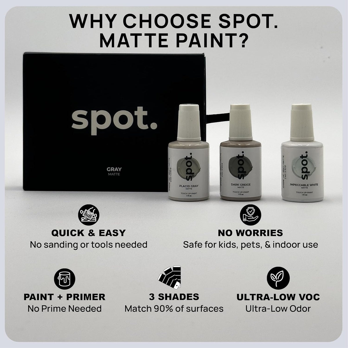 spot. Touch-Up Paint | Matte Finish for Cabinets, Walls, Doors & Furniture | Multi-Tone Gray Repair