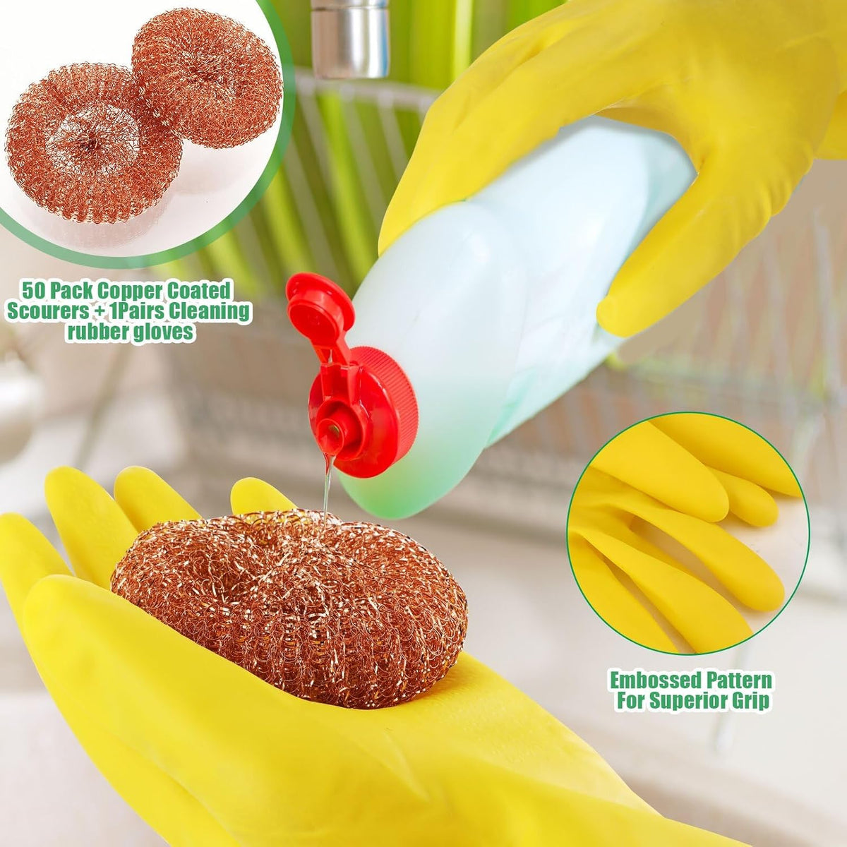 Hushee 50 Pack Copper Coated Scourers Rust Resistant Scrubbing Scouring Pad with 1 Pair of Rubber