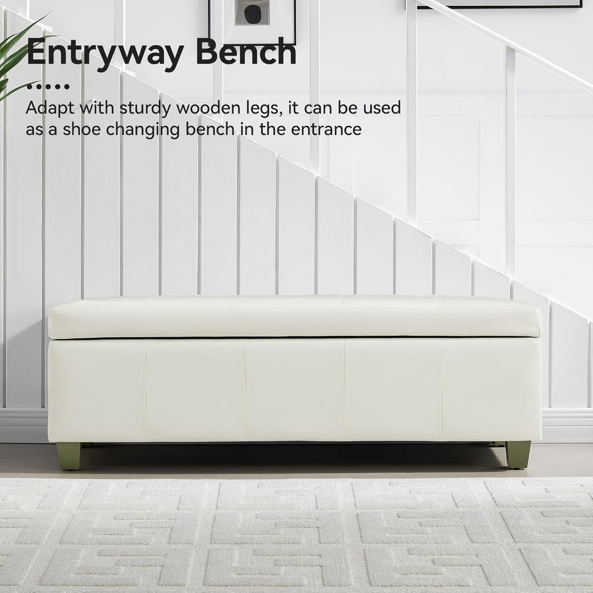 51" Faux Leather Storage Ottoman, Stitch Tufted Rectangle Upholstered End of Bed Storage Bench