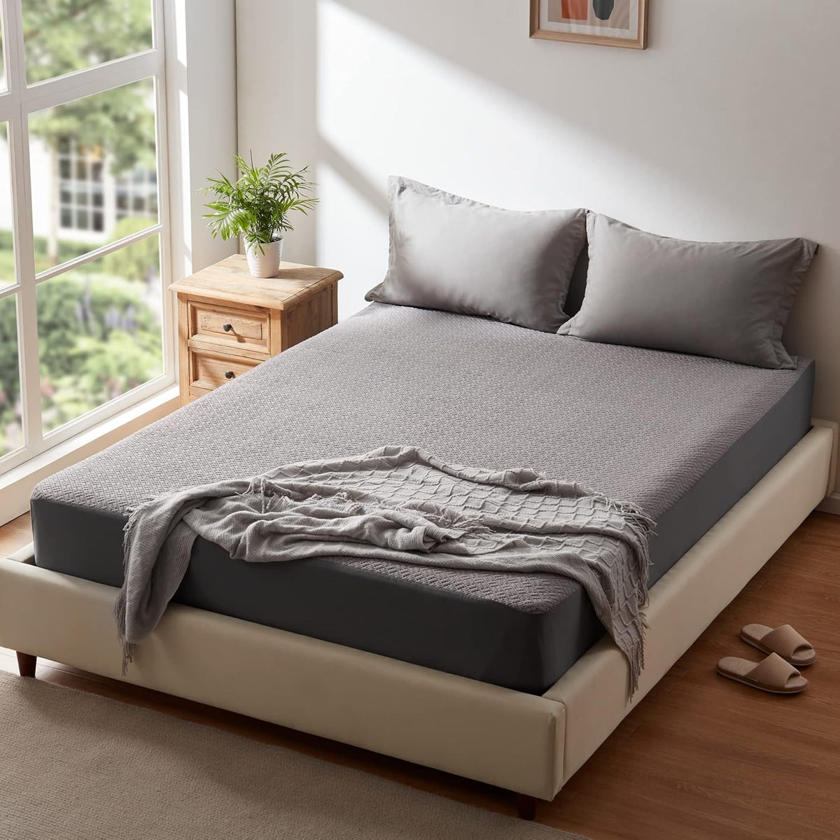 Hanherry 100% Waterproof Mattress Protector Twin Size - Grey, Mattress Cover 3D Air Fabric Cooling