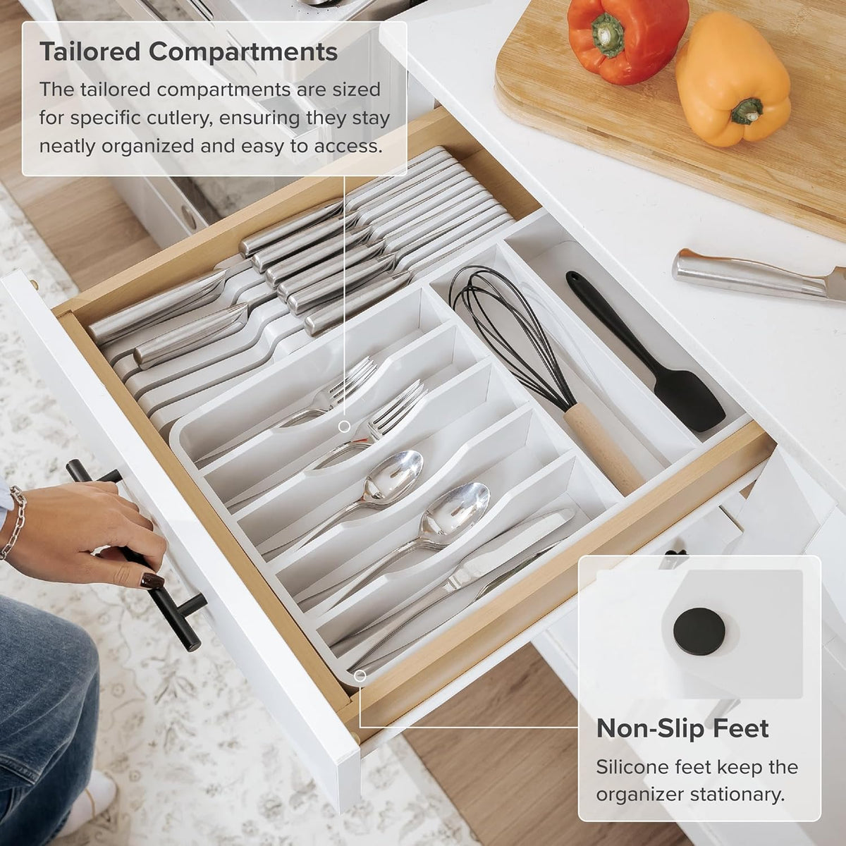 KitchenEdge Silverware Organizer - Cutlery, Flatware, and Utensil Holder for Kitchen Drawers, Fixed