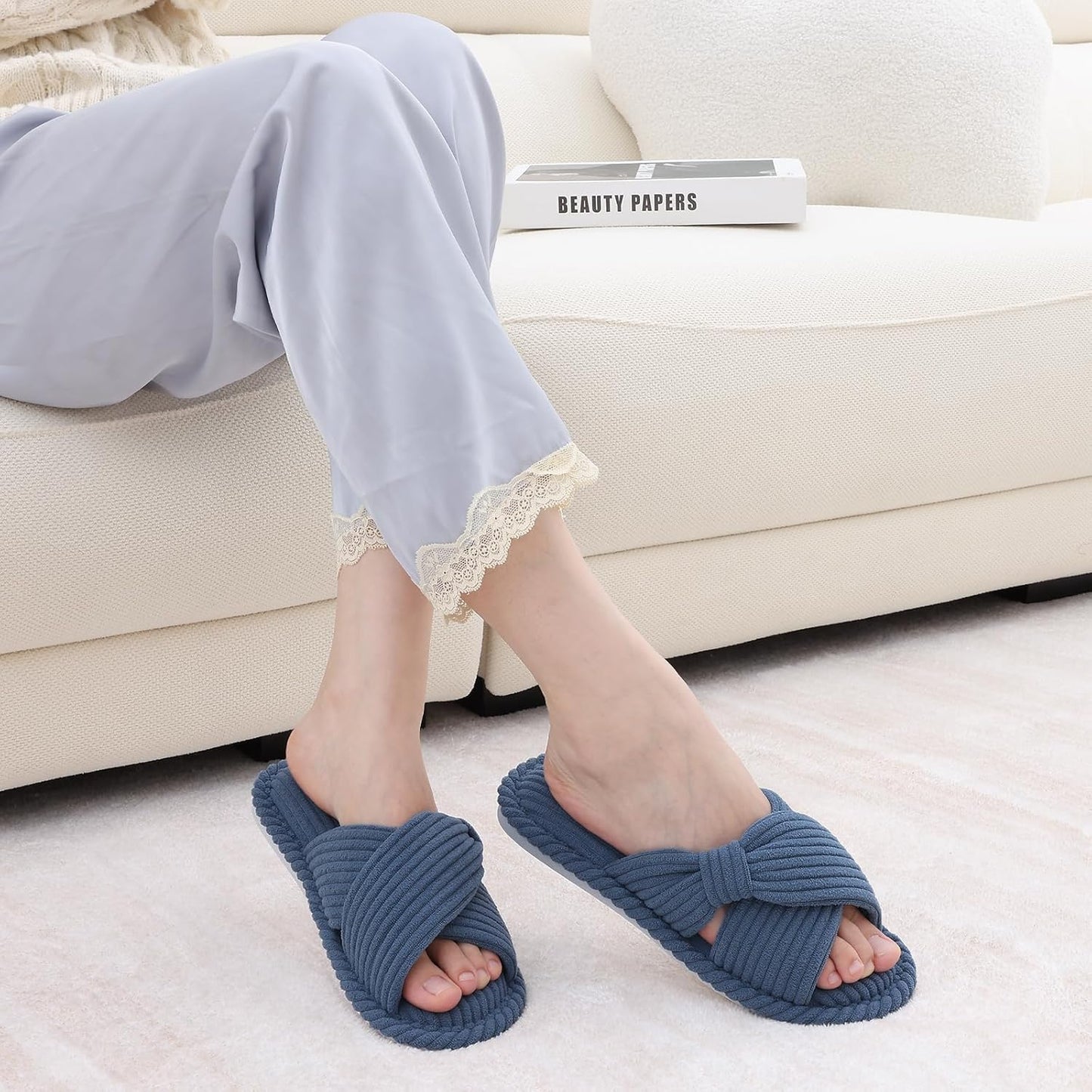Evshine Summer House Slippers for Women Corduroy Cross Bow Indoor Slippers Open Toe Slip On Bedroom