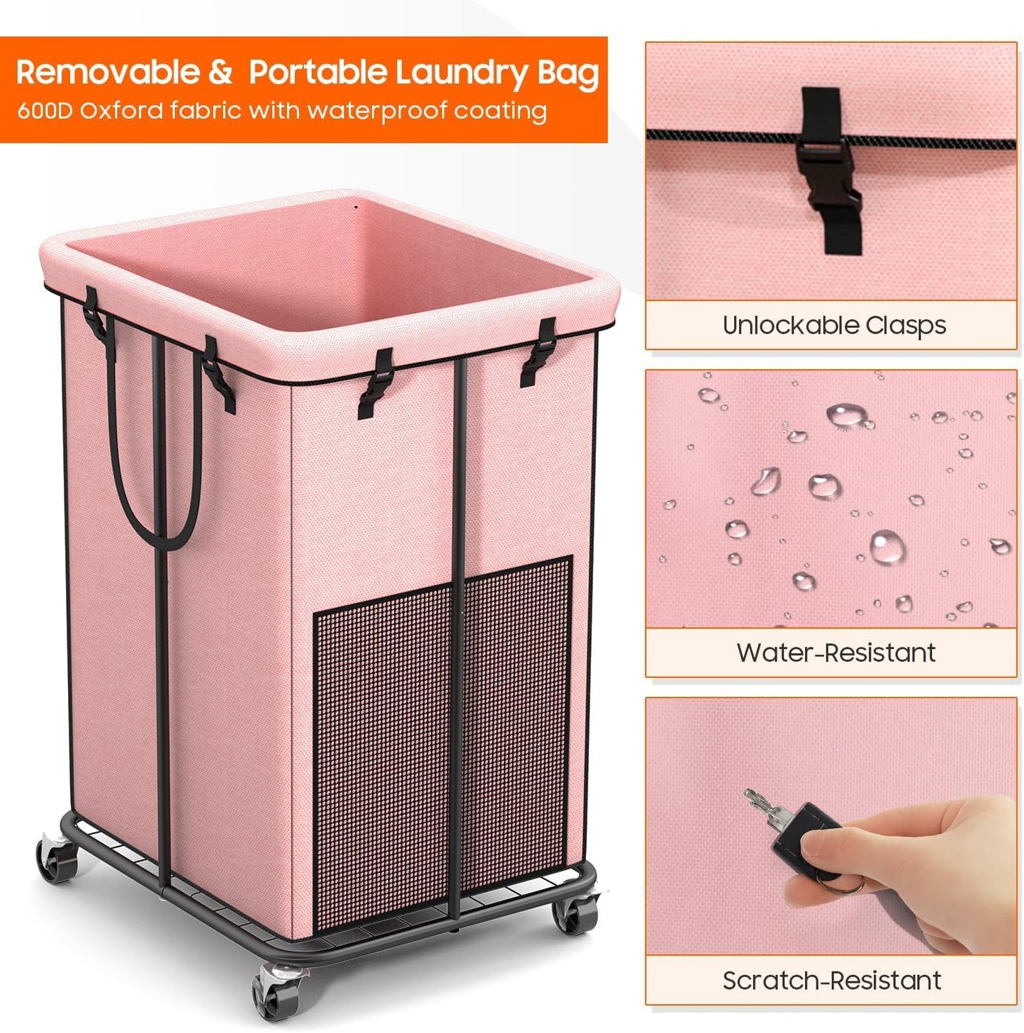 150L Laundry Hamper with Wheels, Rolling Laundry Basket with Metal Frame and Removable Bag, Large &