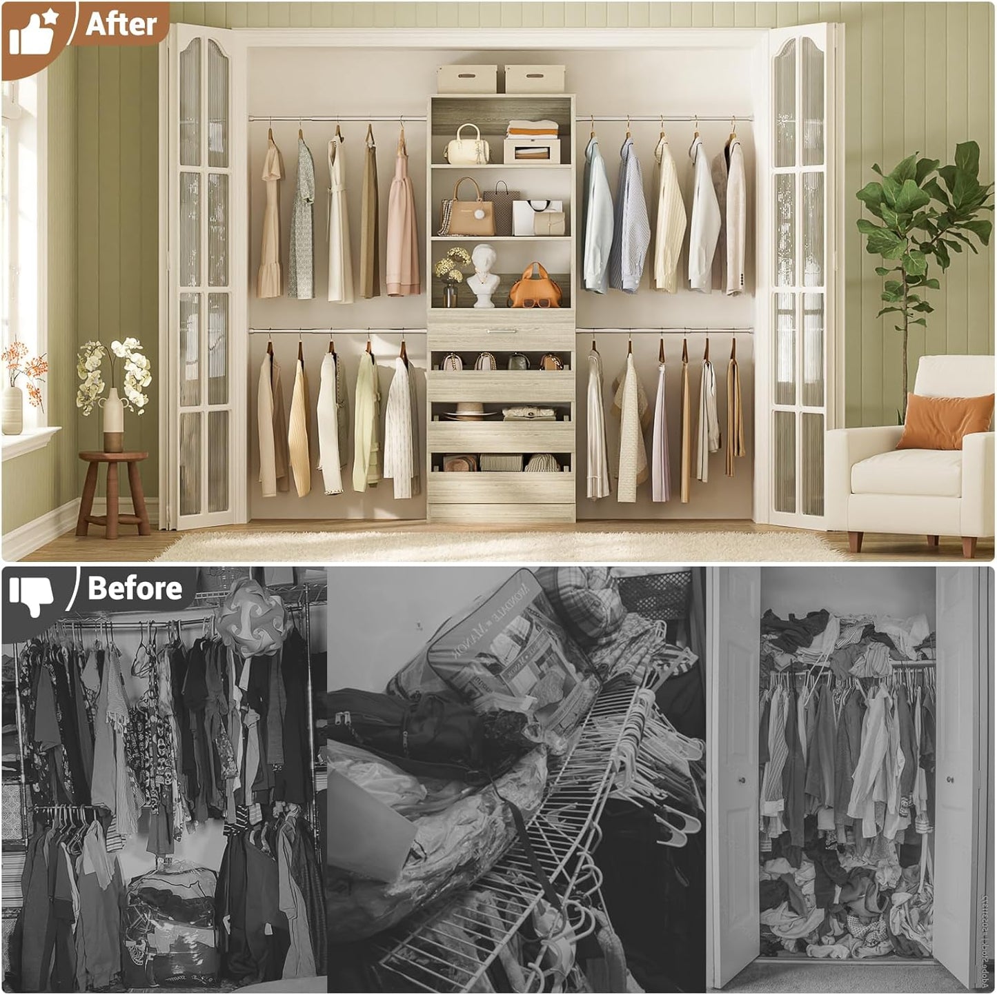 Aheaplus Closet System, 4-9Ft Closet Organizer with 4 Wooden Drawers, Wood Closet Organizer System