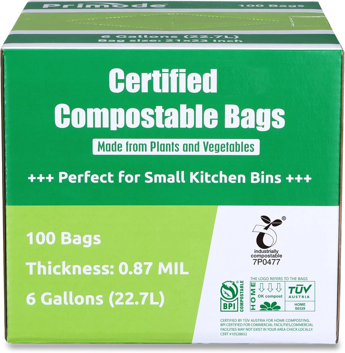 Primode Compostable Bags, 6 Gallon Food Scraps Yard Waste Bags, 100 Count, Extra Thick 0.87 Mil.