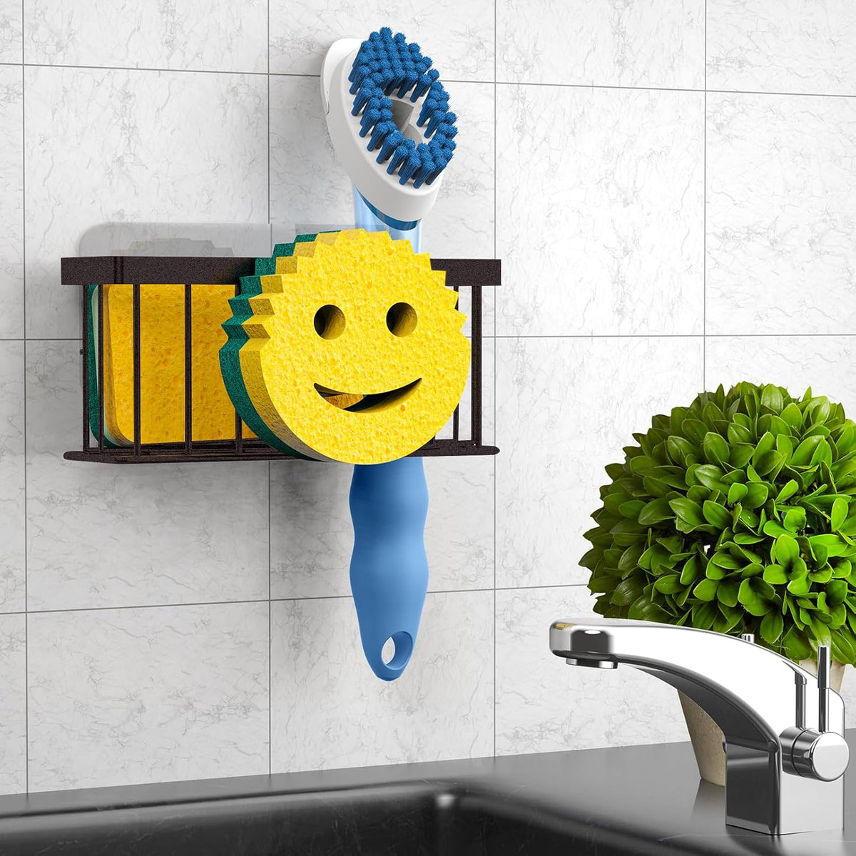 Sponge Holder Smiley Face,Sink Caddy,Sink Organizer with 2 Suction Cups/1 Adhesive Strips,Designed