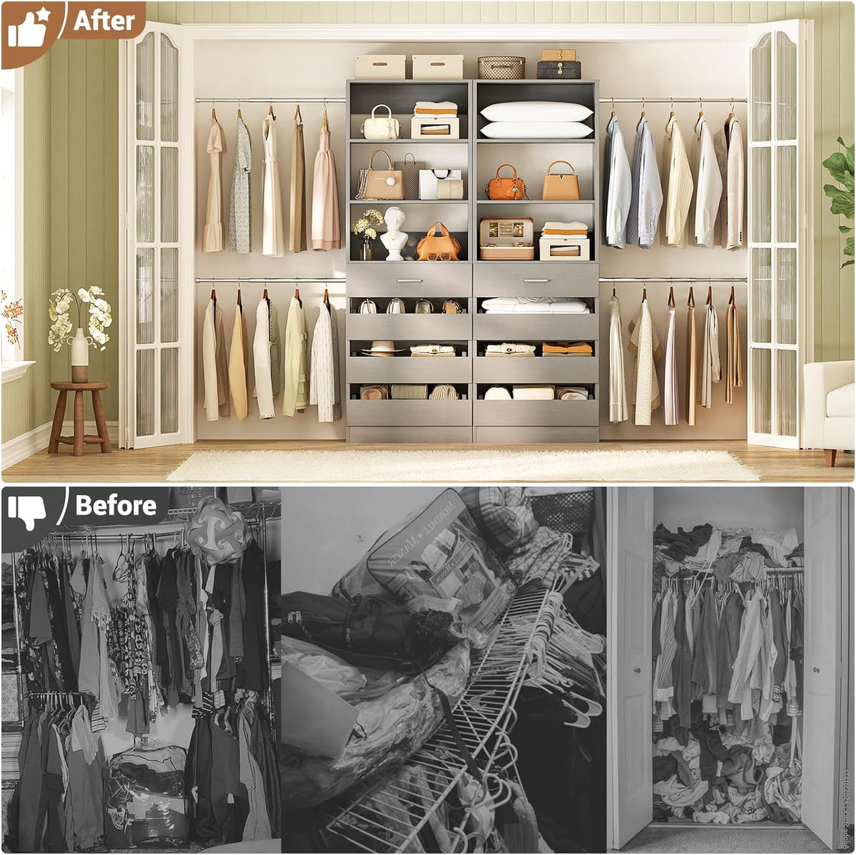 Aheaplus Closet System, 6-15Ft Closet Organizer with 8 Wooden Drawers, Wood Closet Organizer System