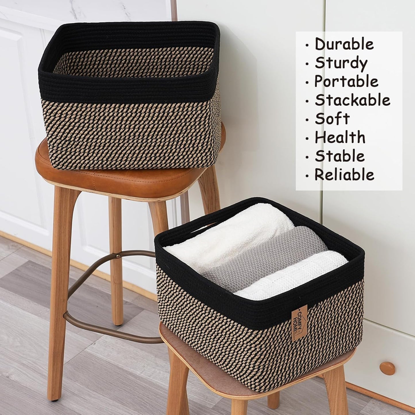COMFY-HOMI 3PACK Cotton Rope Square Basket with Handles for Shelves|Dog Toy Bin and Storage|Baby