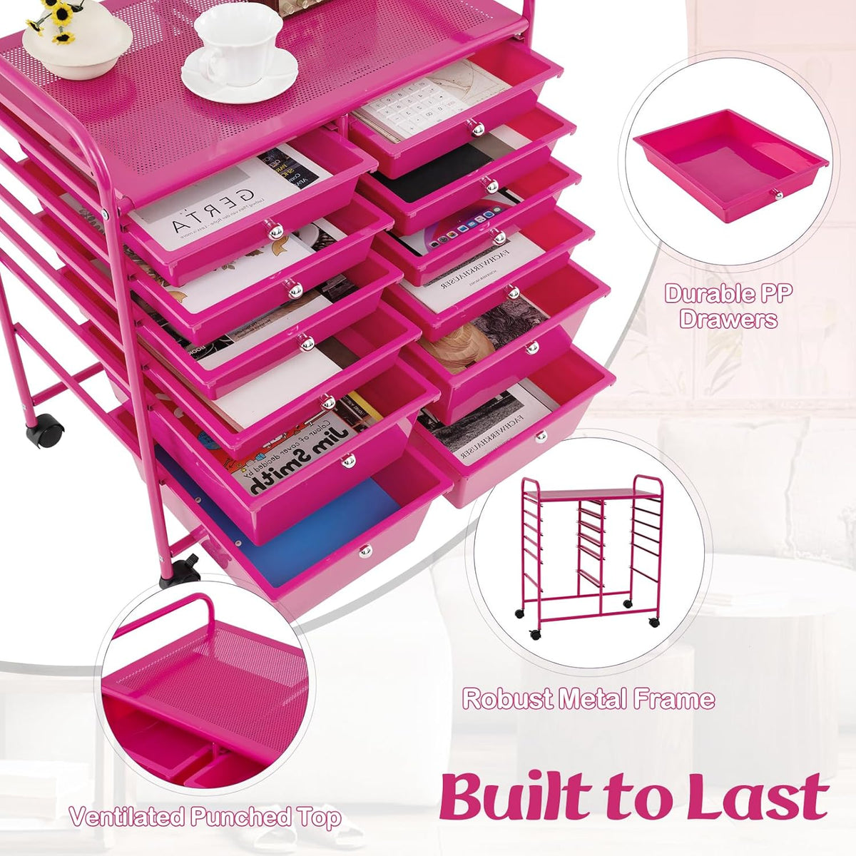GOFLAME 12-Drawer Rolling Storage Cart, Multipurpose Organizer Cart with 2 Sizes Plastic Drawers