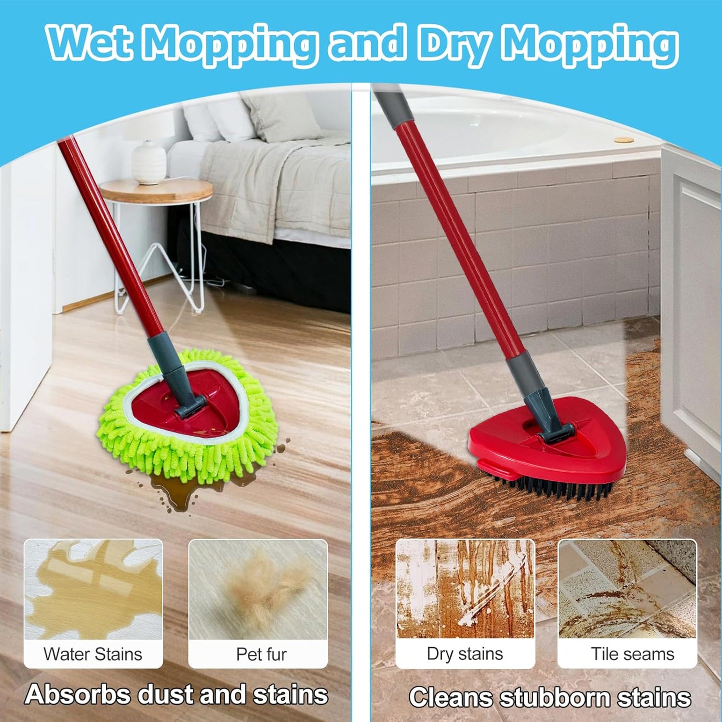 Spin Mop Handle, Mop Replace Heads, Scrubber Head and Base Replacement for O-Cedar EasyWring 1 Tank