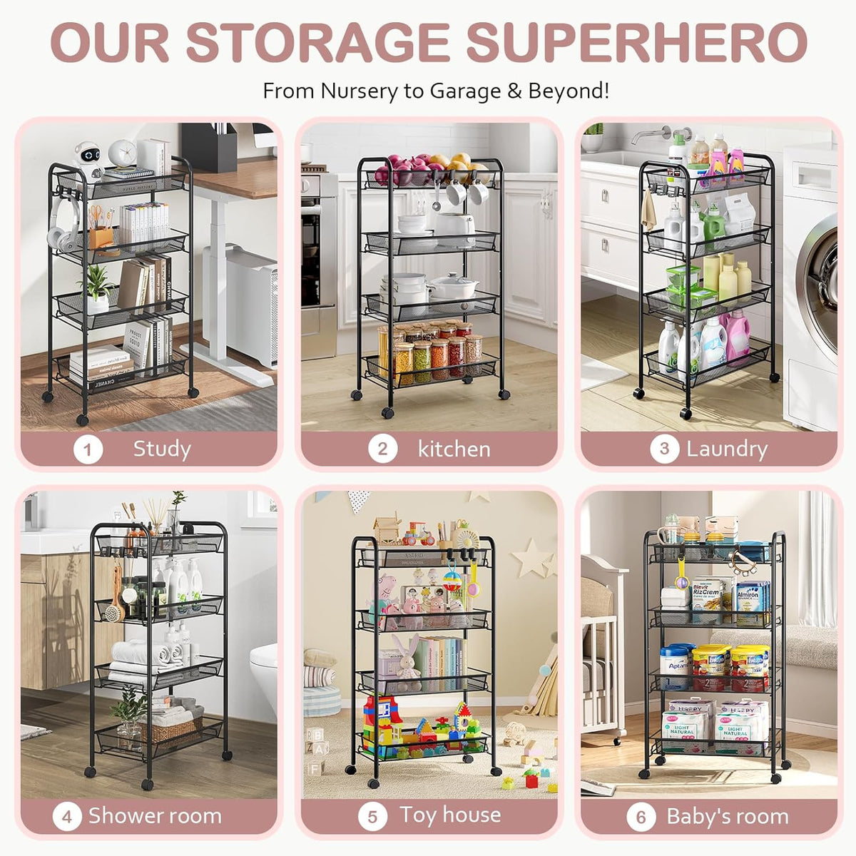 TOOLF 4-Tier Rolling Cart, Metal Utility Cart with 3 Hooks, Easy Assemble Mobile Storage Trolley On