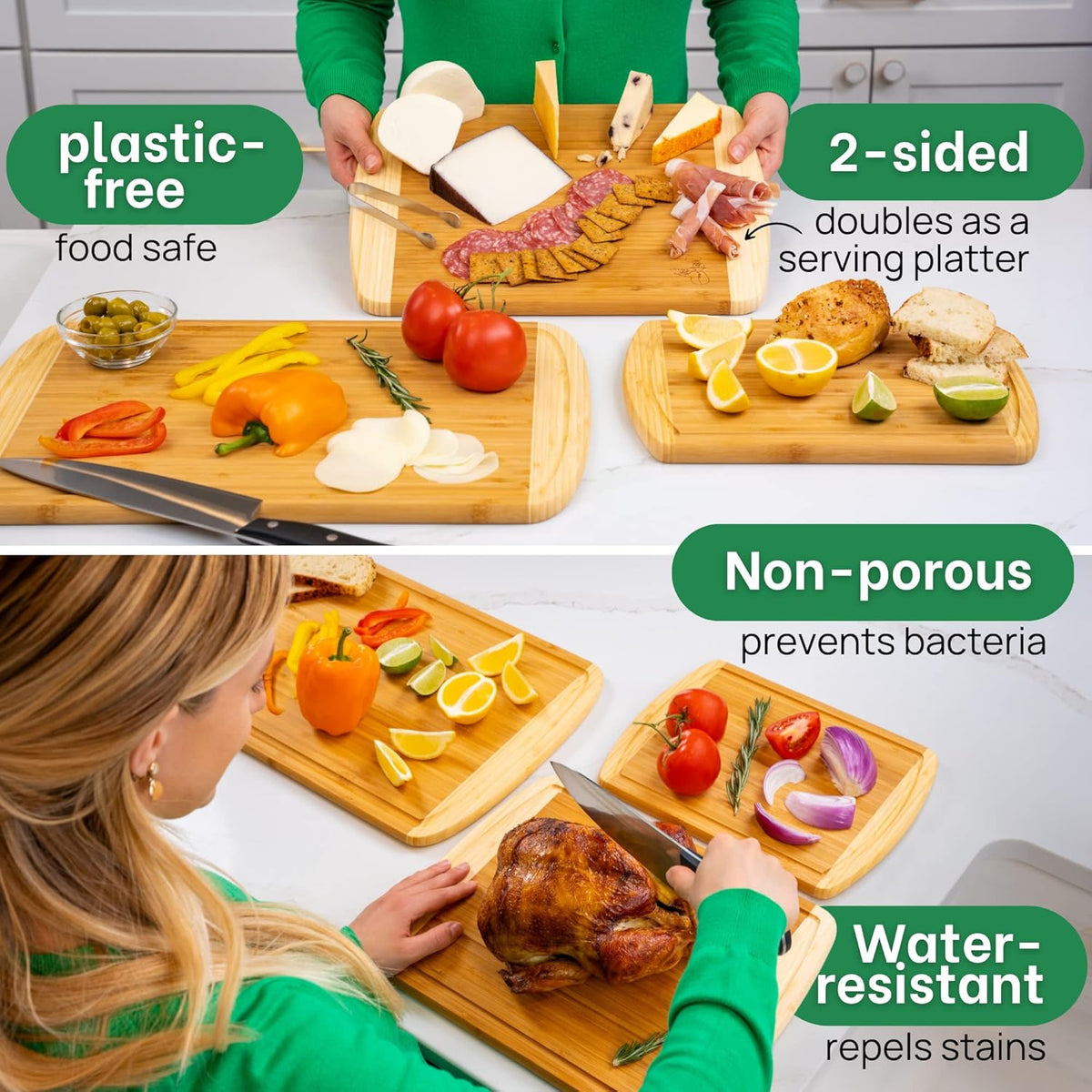 Extra Large Bamboo Cutting Board Set – Wood Cutting Boards for Kitchen, Non Toxic Cutting Board Set