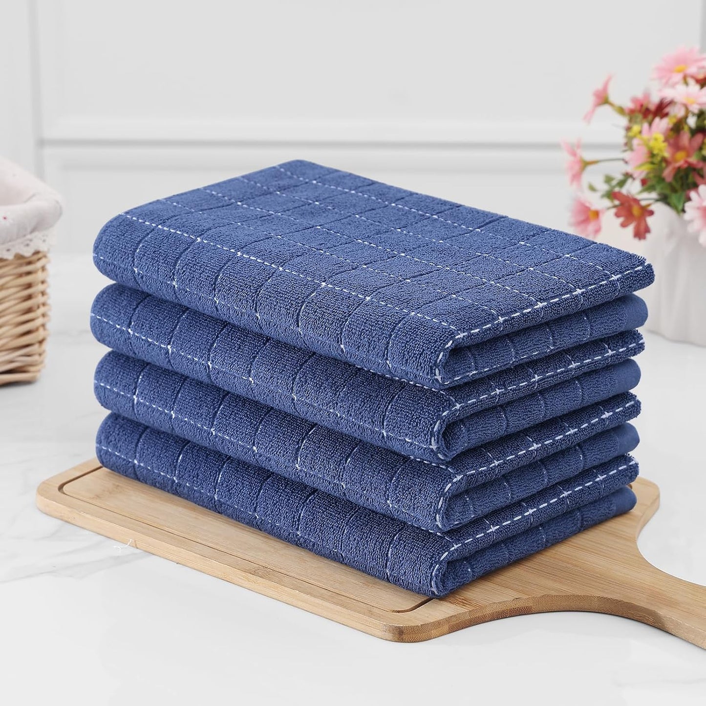 Homaxy 100% Cotton Terry Kitchen Towels(Navy Blue, 20 x 28 inches), Checkered Designed, Soft and