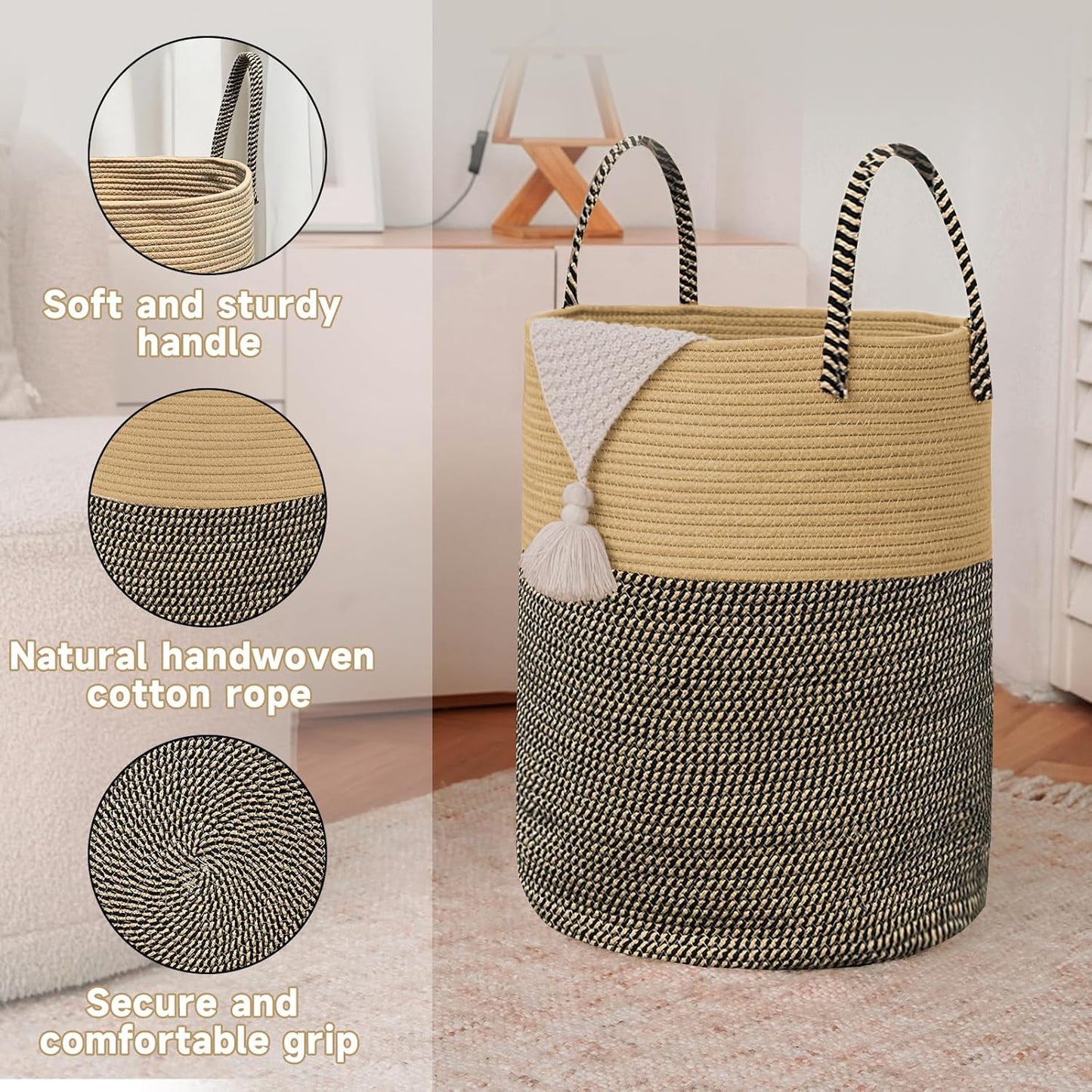 Large Woven Laundry Basket Hamper,60L Cotton Rope Storage Bin for Blankets,Toys and