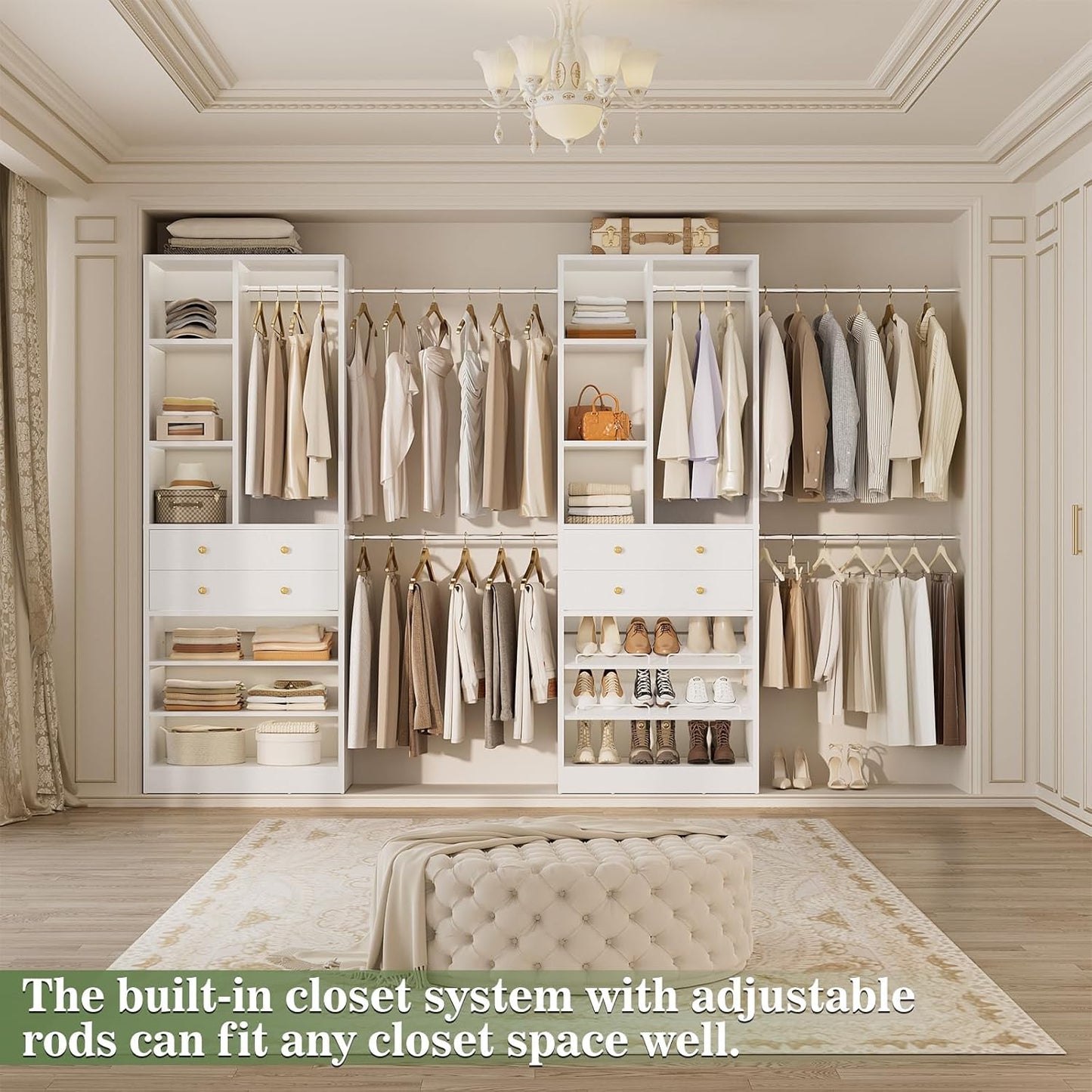 Closet System, Up to 134"/11.2 FT Closet Organizer with 4 Wooden Drawers and Shelves, Walk-in