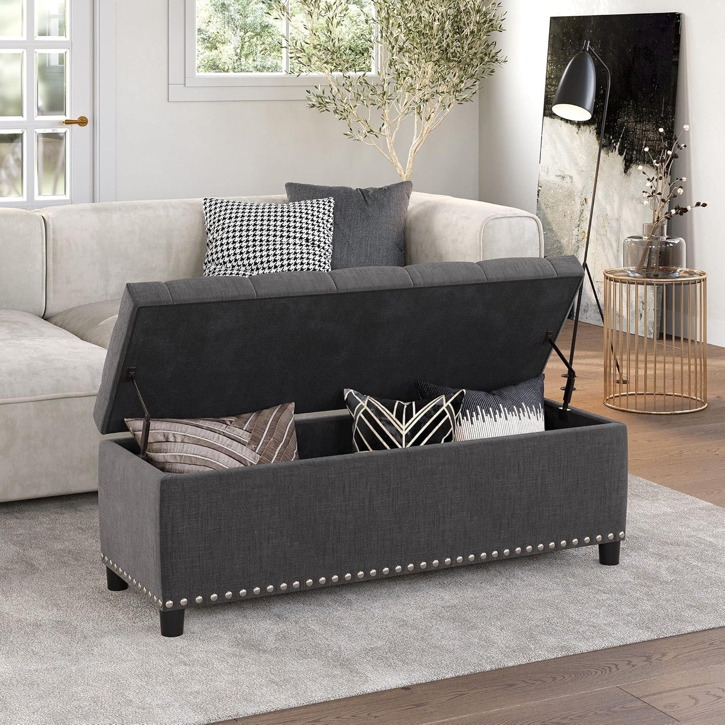 BELLEZE 47" Storage Ottoman, Storage Bench with Safety Close Hinge, Linen Button-Tufted Ottoman for