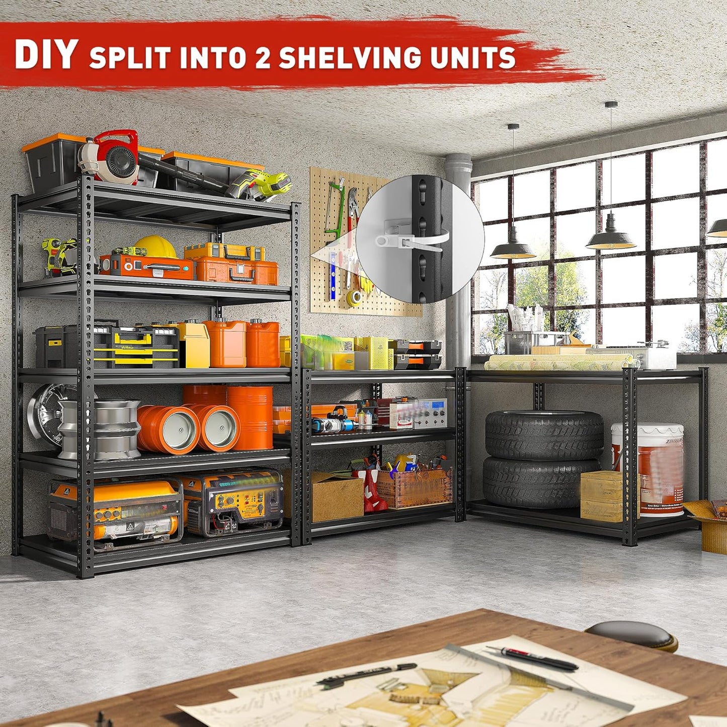 REIBII 72" H Garage Shelving Load 2500 LBS, Heavy Duty Storage Shelves, 5-Tier Adjustable Garage