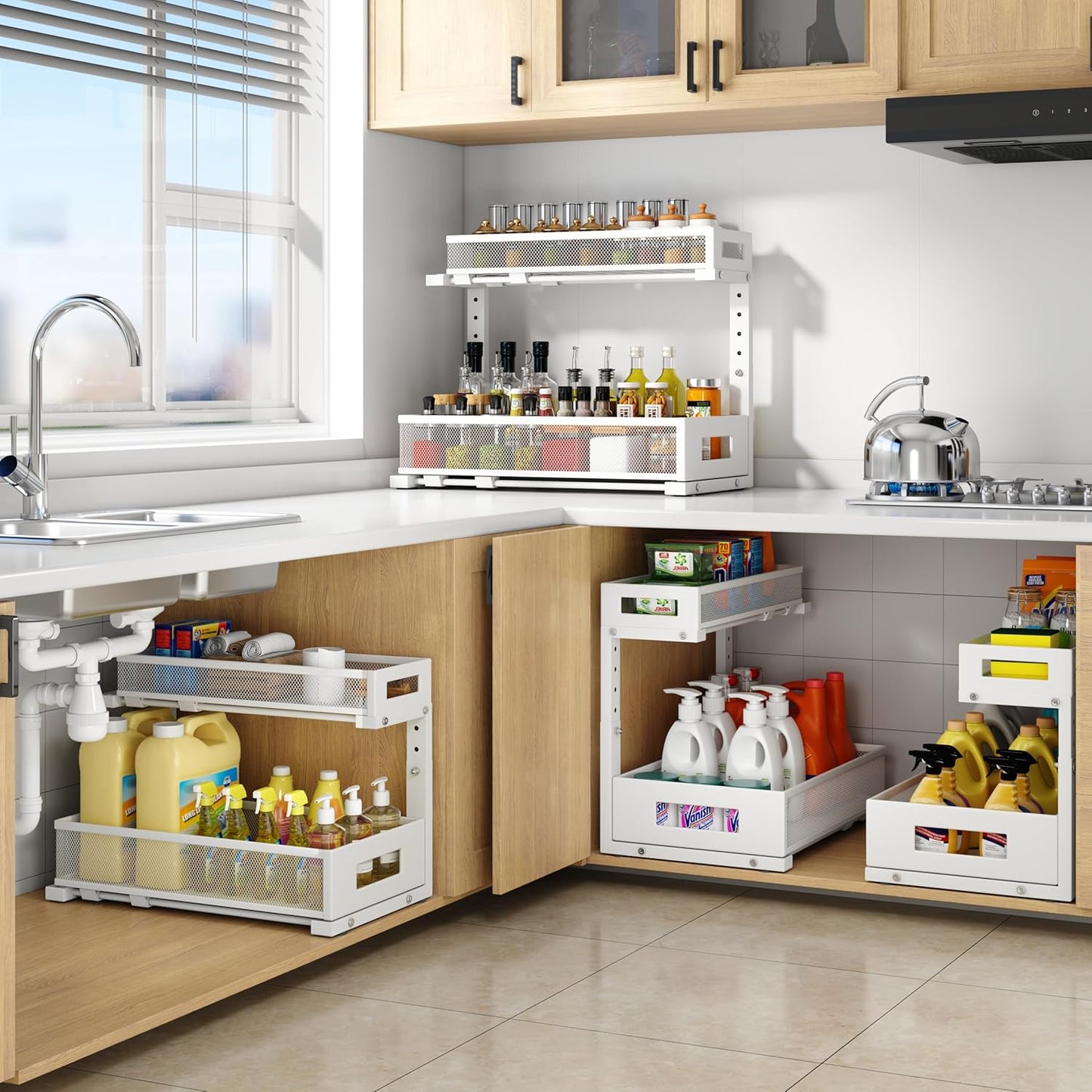 2 Pack 17IN Depth Under Sink Storage Organizer, Large 2-Tier Elegant Mesh Pull Out Shelf for