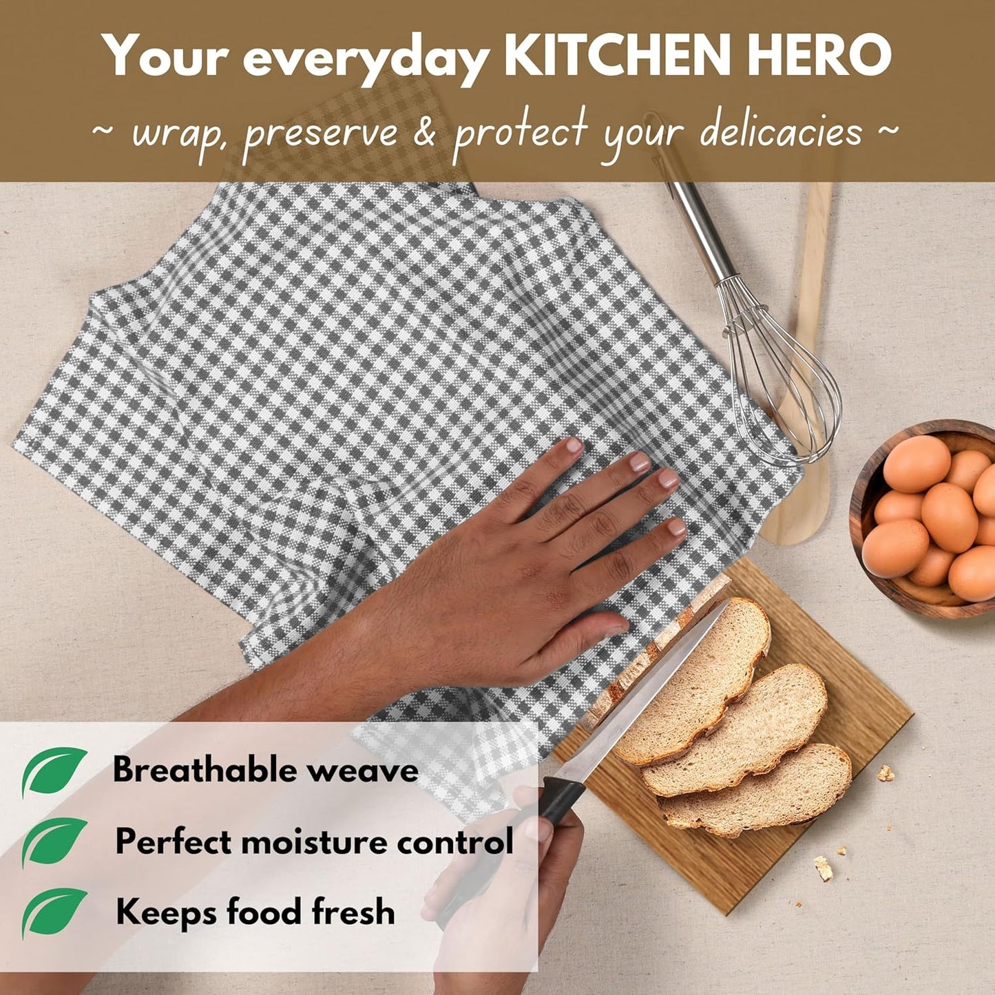 Native Fab 4 Pack Gingham Plaid Kitchen Towels 16"x26" - 100% Cotton Absorbent Washable Tea Towels