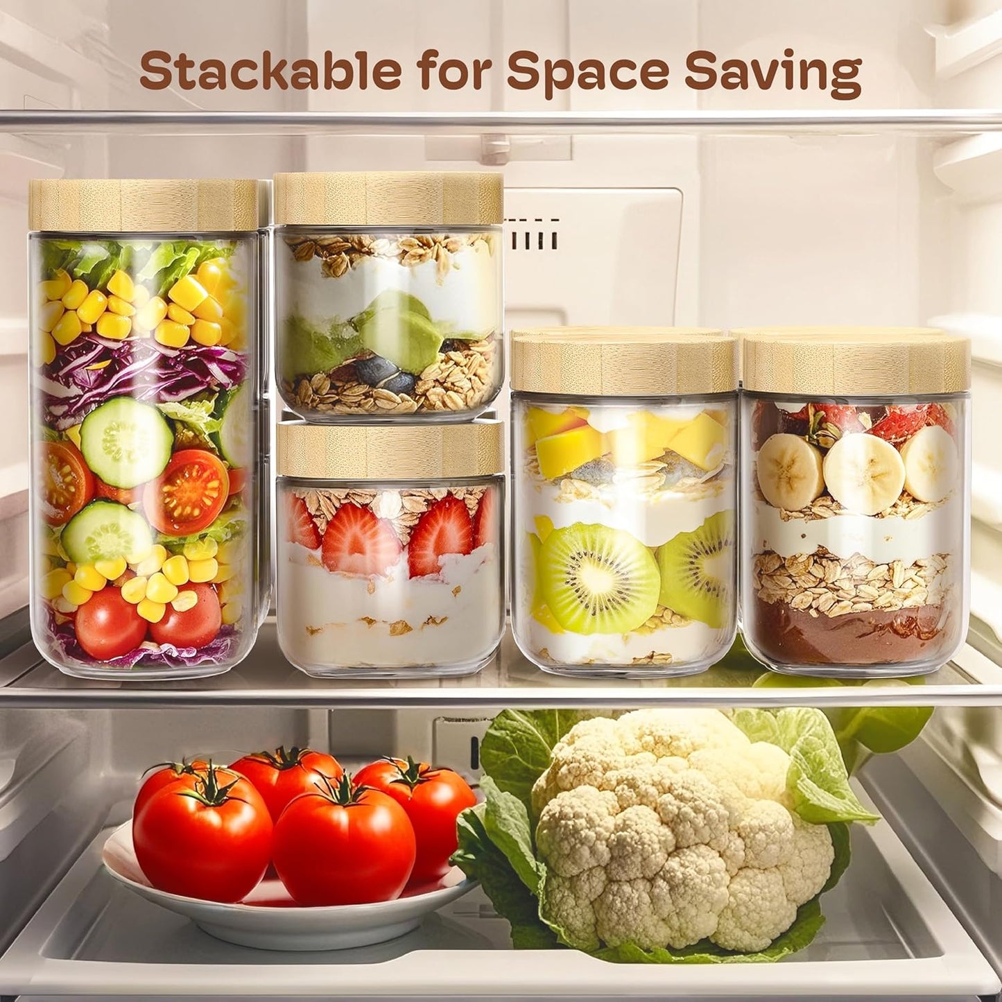 2 Pack 16oz Overnight Oats Containers with Bamboo Lids, Glass Jars with Airtight Lids for Meal