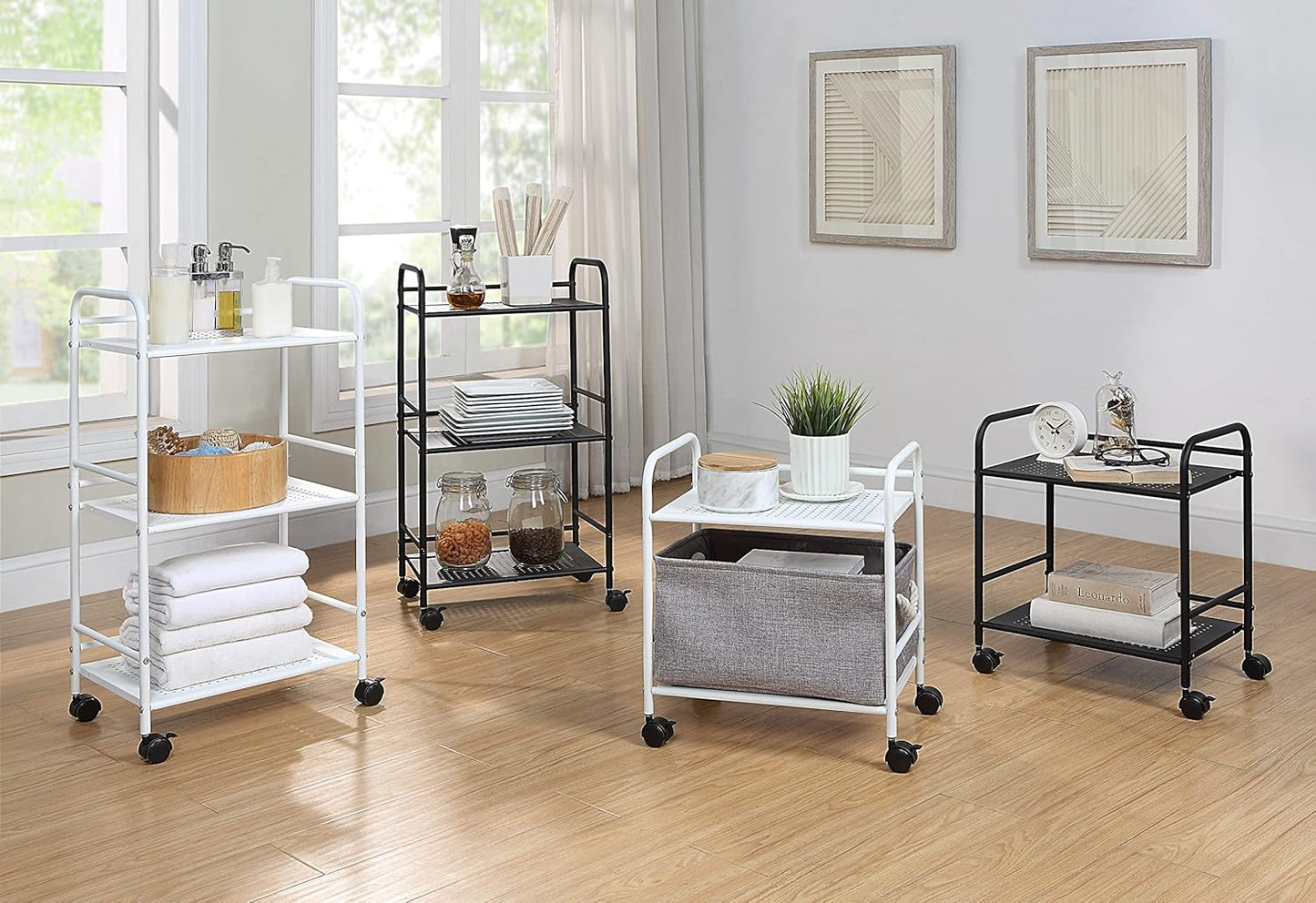 SunnyPoint 2-Tier Metal Rolling Utility Cart – Mobile Storage Shelf with Caster Wheels – Small