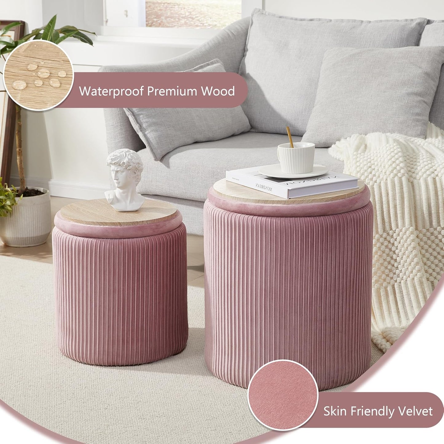 Round Ottoman with Storage Set of 2,Vanity Stool with Storage for Bedroom, Ottoman Coffee