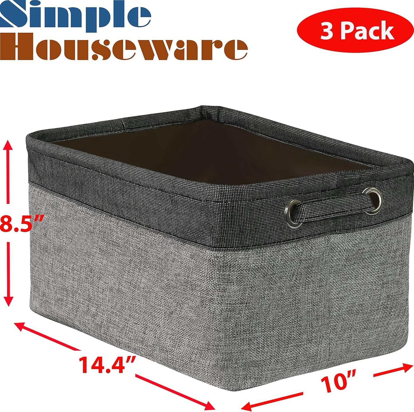 SIMPLE HOUSEWARE Large Fabric Storage Bin, 14.4" x 10" with Handles, 3-Pack, Foldable Organizer for
