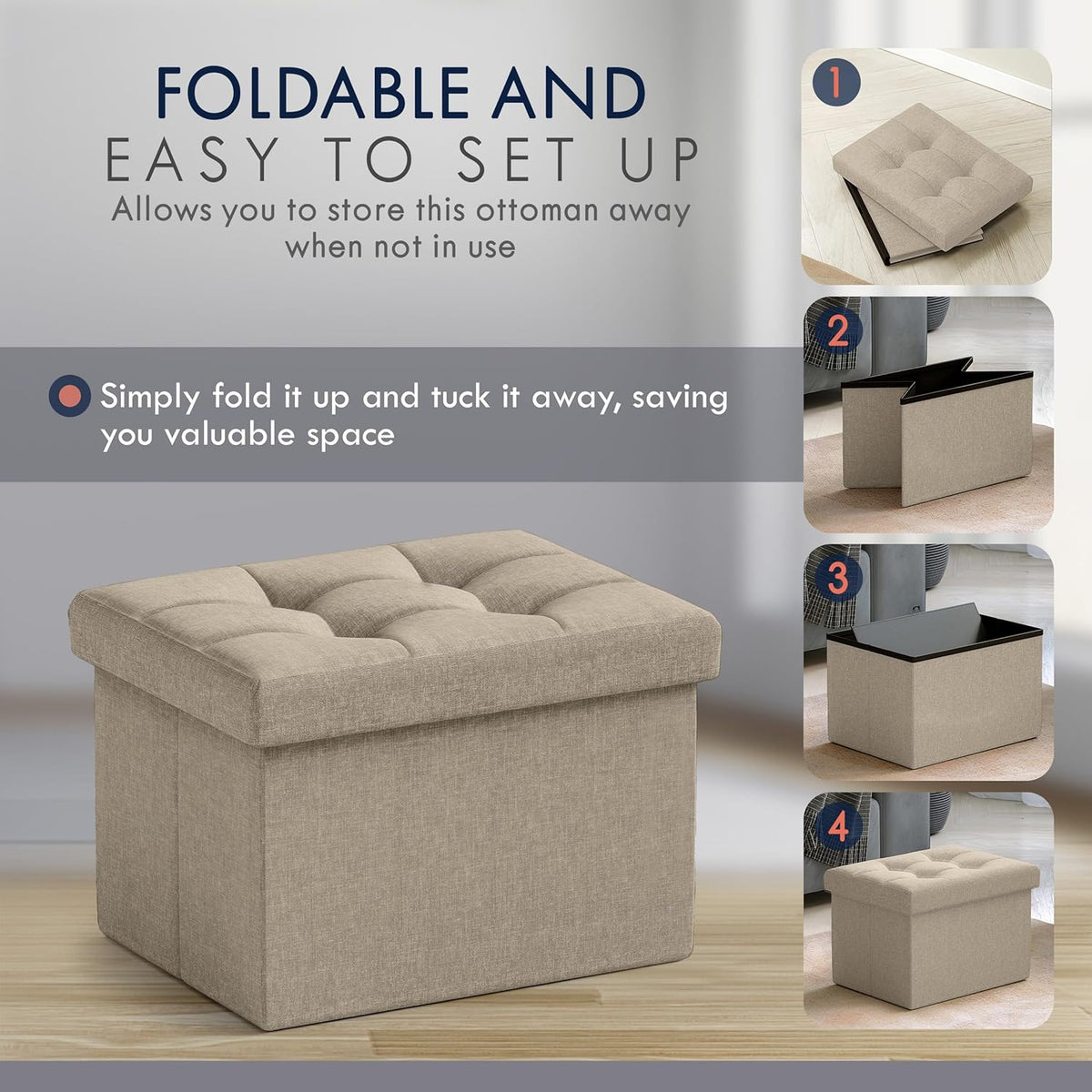 Ornavo Home Small Storage Ottoman, Set of 2, Foldable Collapsible Rectangle Linen Ottoman Foot Rest